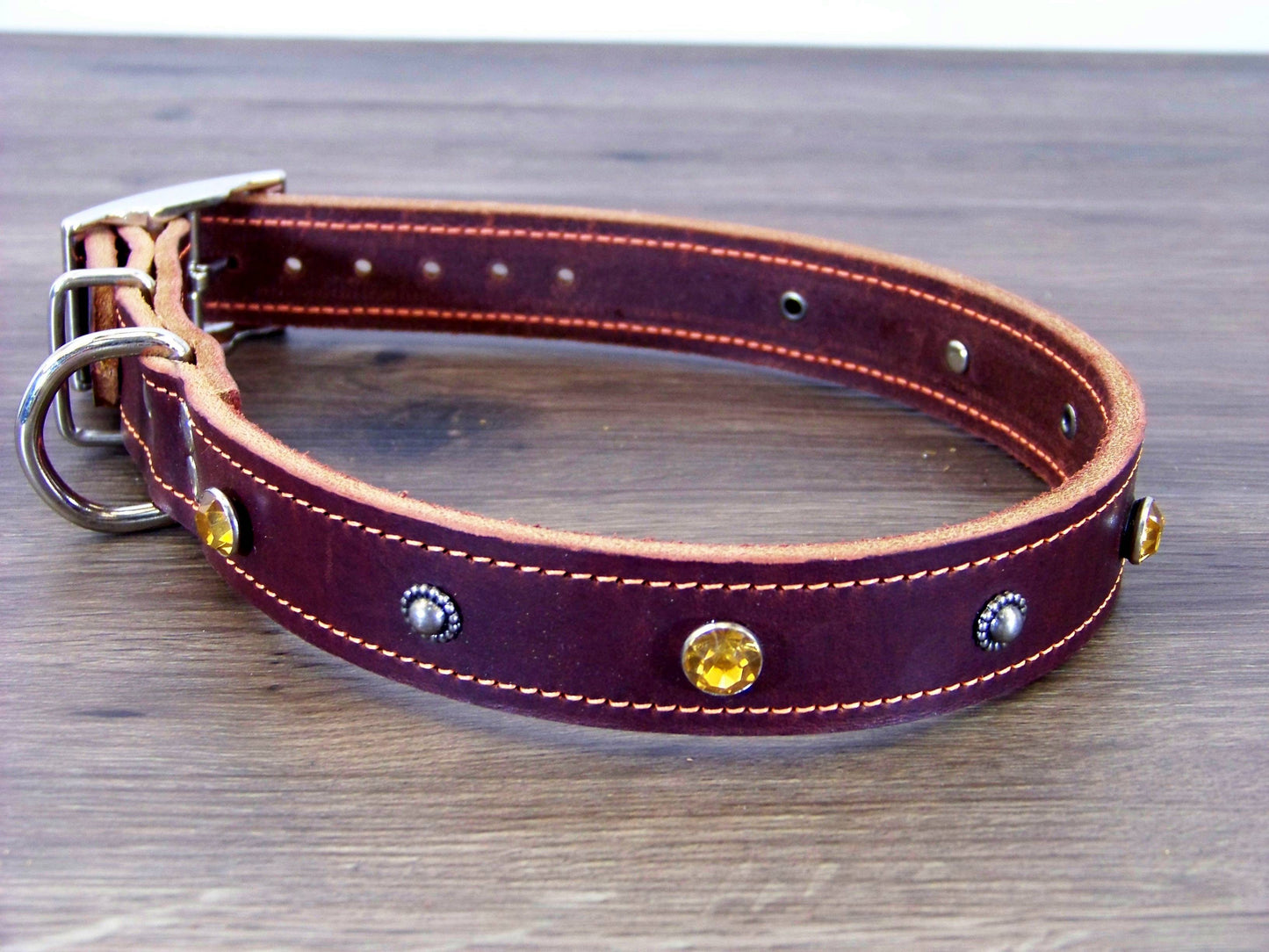 C)   1" Wide Leather Dog Collar- The Twinkler - Rhinestone Accents with Dome Rivets