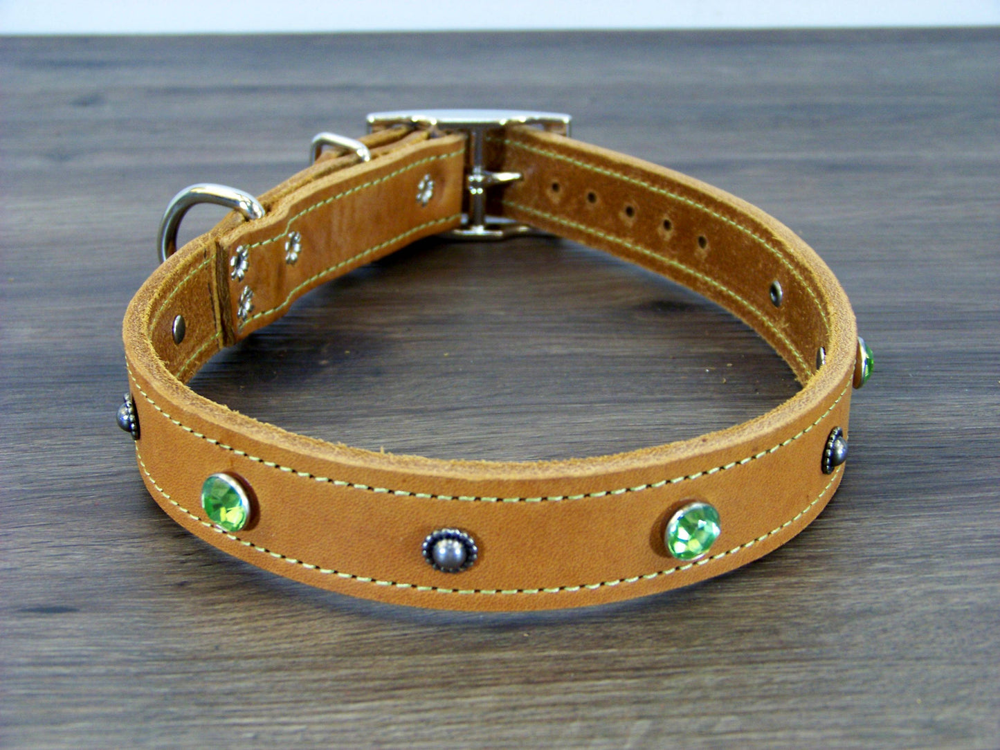 C)   1" Wide Leather Dog Collar- The Twinkler - Rhinestone Accents with Dome Rivets