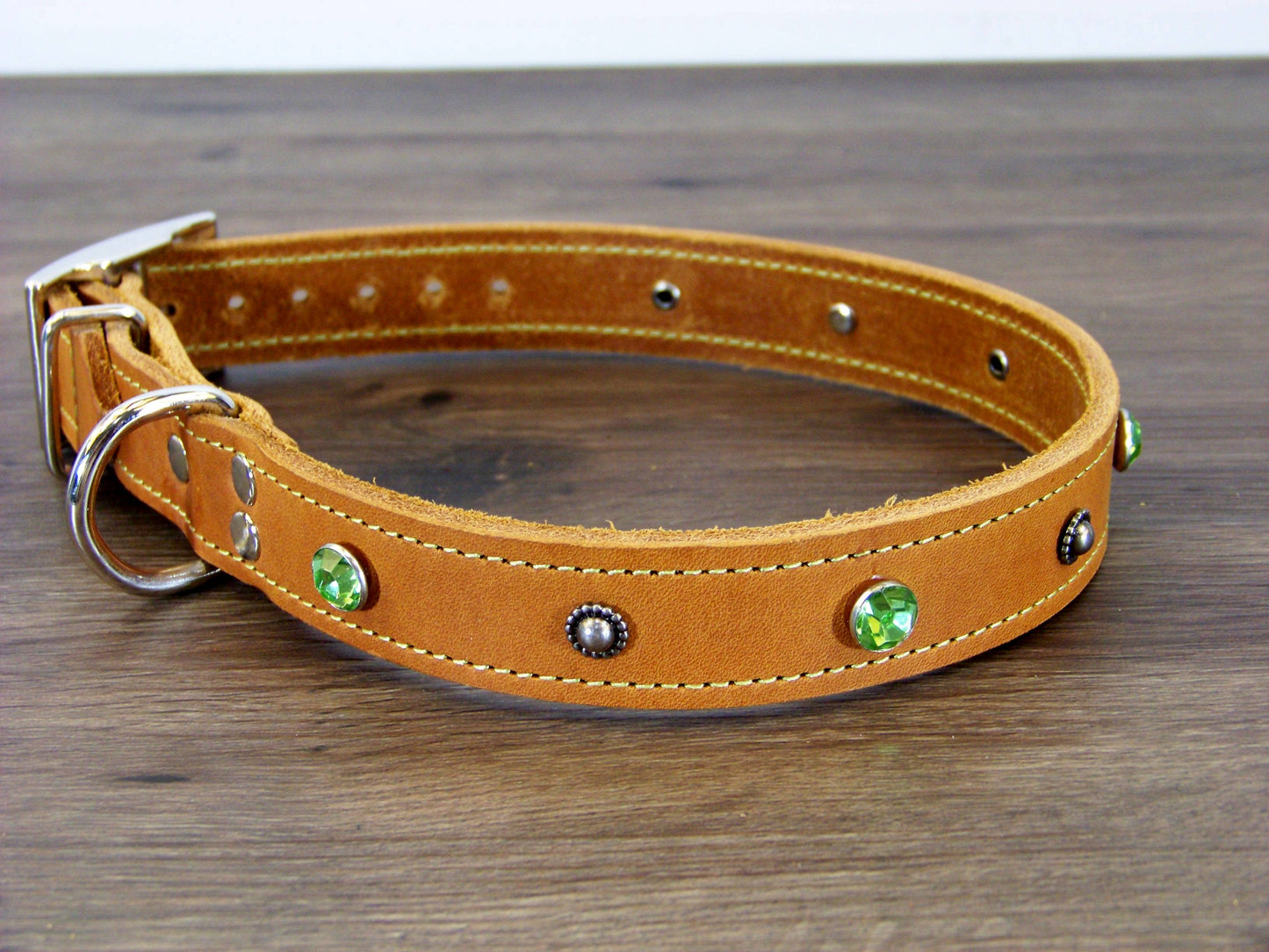 C)   1" Wide Leather Dog Collar- The Twinkler - Rhinestone Accents with Dome Rivets