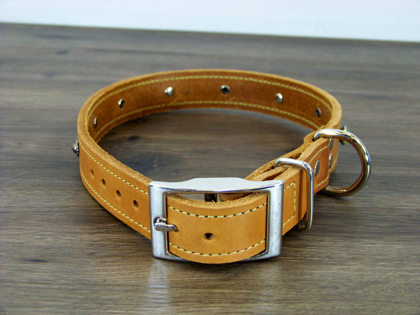 C)   1" Wide Leather Dog Collar- The Twinkler - Rhinestone Accents with Dome Rivets