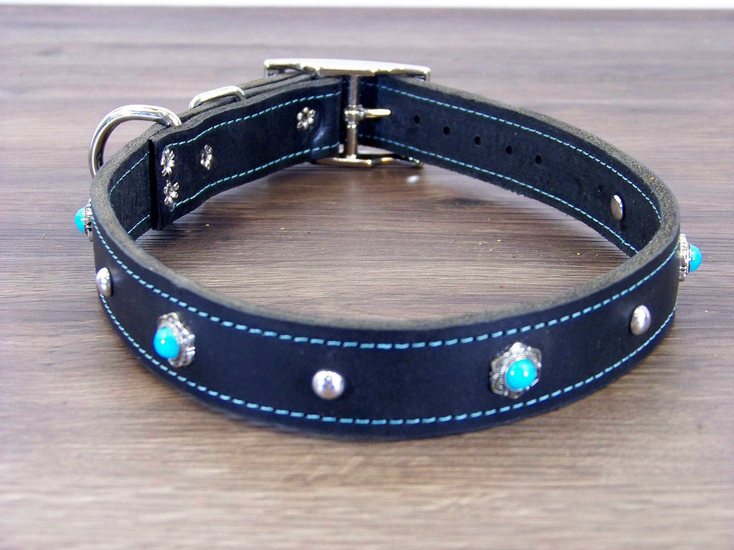 C)   1" Wide Leather Dog Collar - The Maverick - Featuring Turquoise Conchos with Stainless Dome Accents