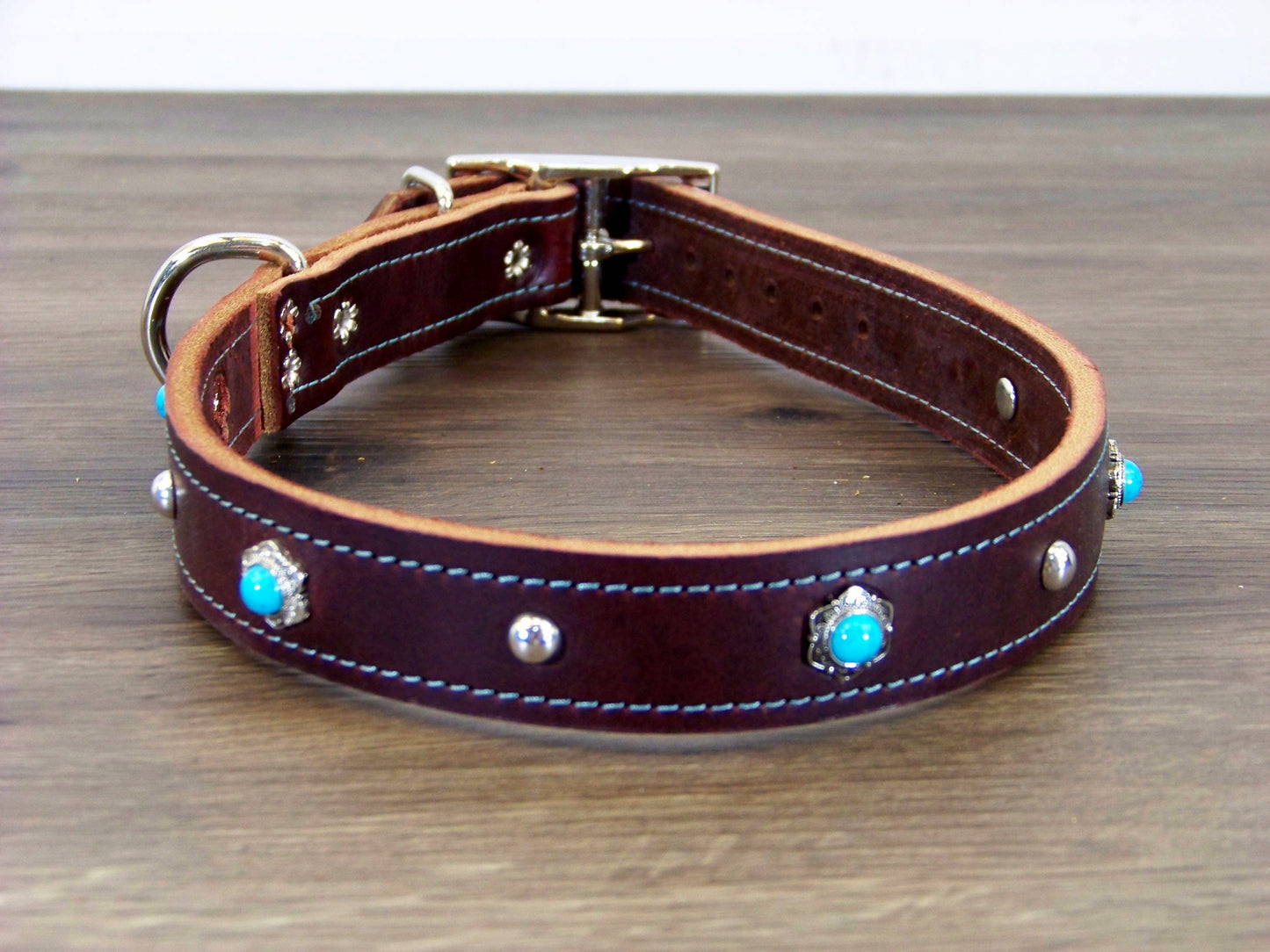 C)   1" Wide Leather Dog Collar - The Maverick - Featuring Turquoise Conchos with Stainless Dome Accents
