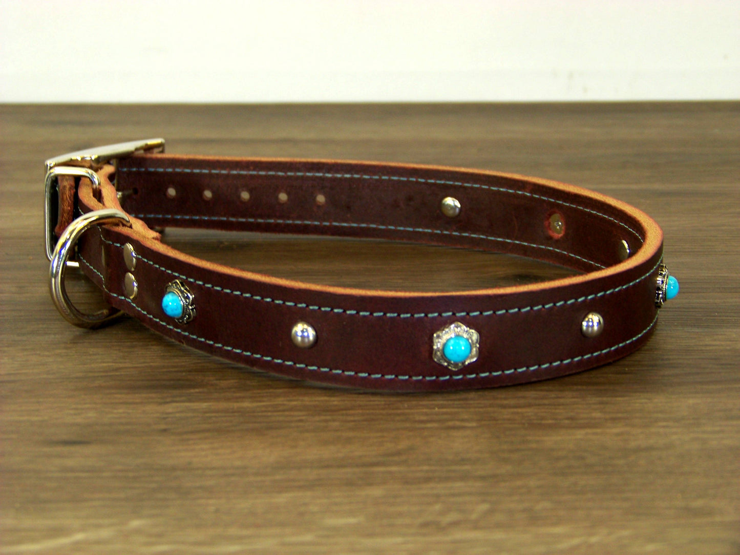 C)   1" Wide Leather Dog Collar - The Maverick - Featuring Turquoise Conchos with Stainless Dome Accents