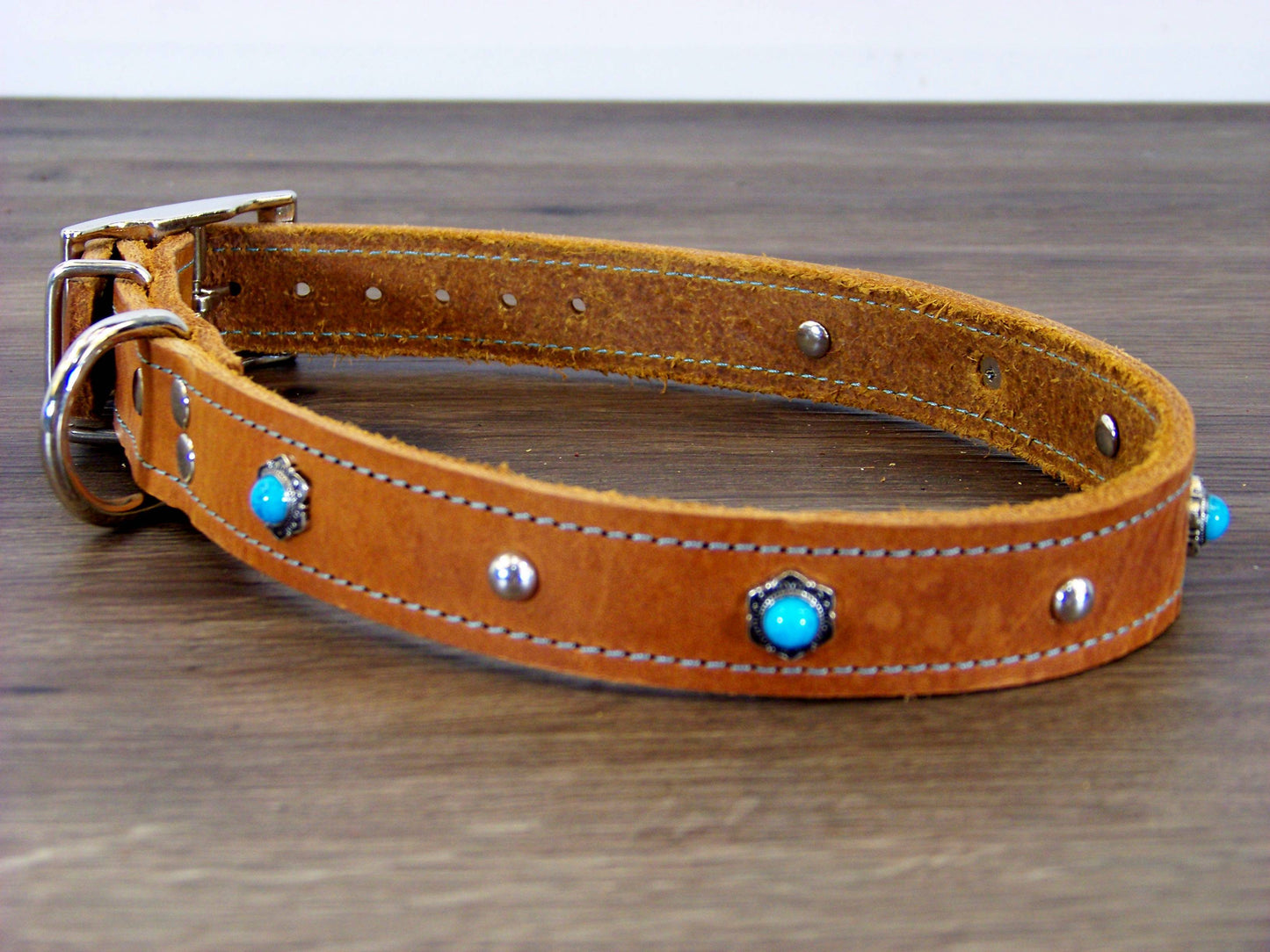 C)   1" Wide Leather Dog Collar - The Maverick - Featuring Turquoise Conchos with Stainless Dome Accents