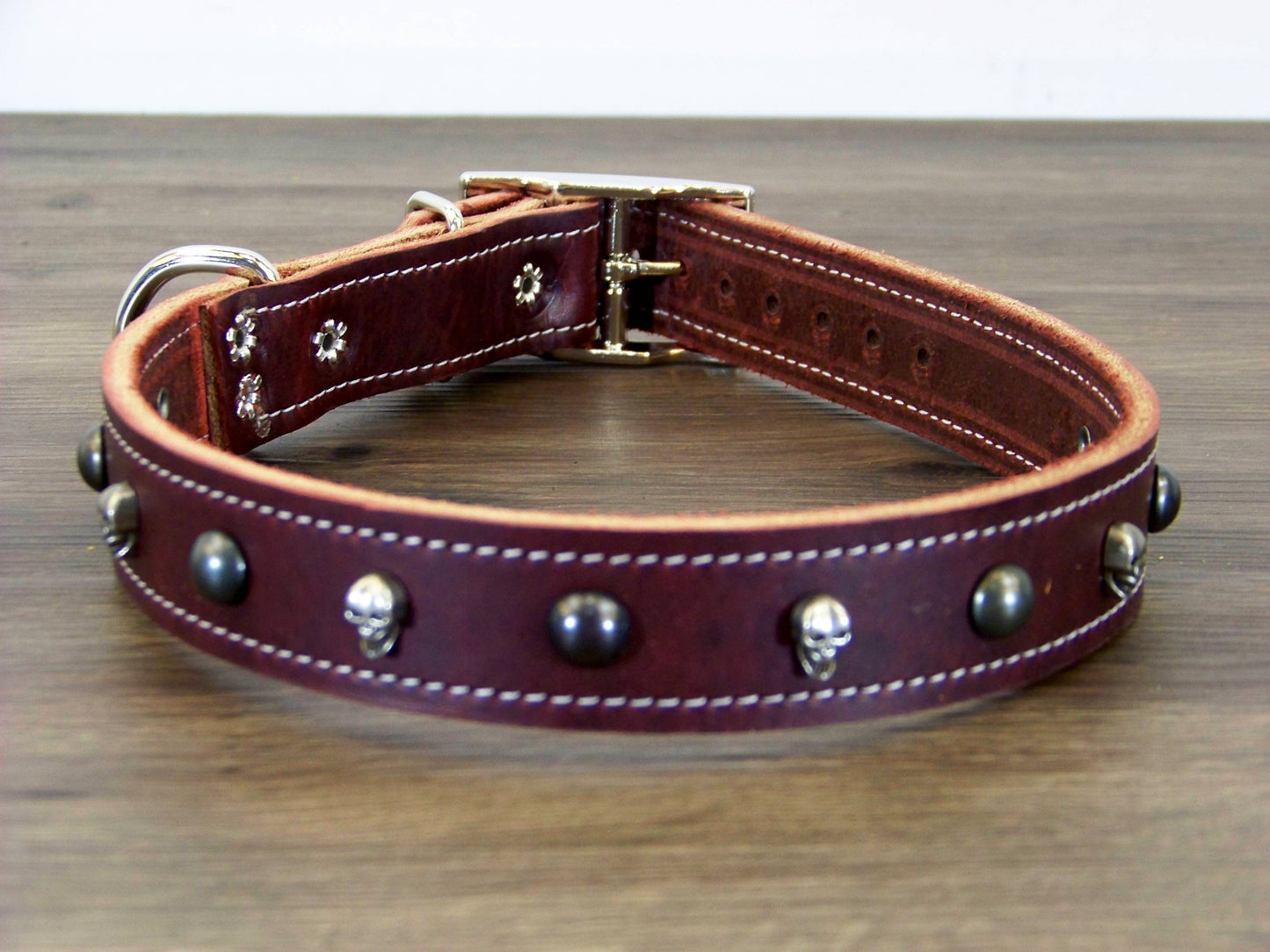 C)   1" Wide Leather Dog Collar - The Dark Angel II - Featuring Skull Concho with Black Dome Conchos