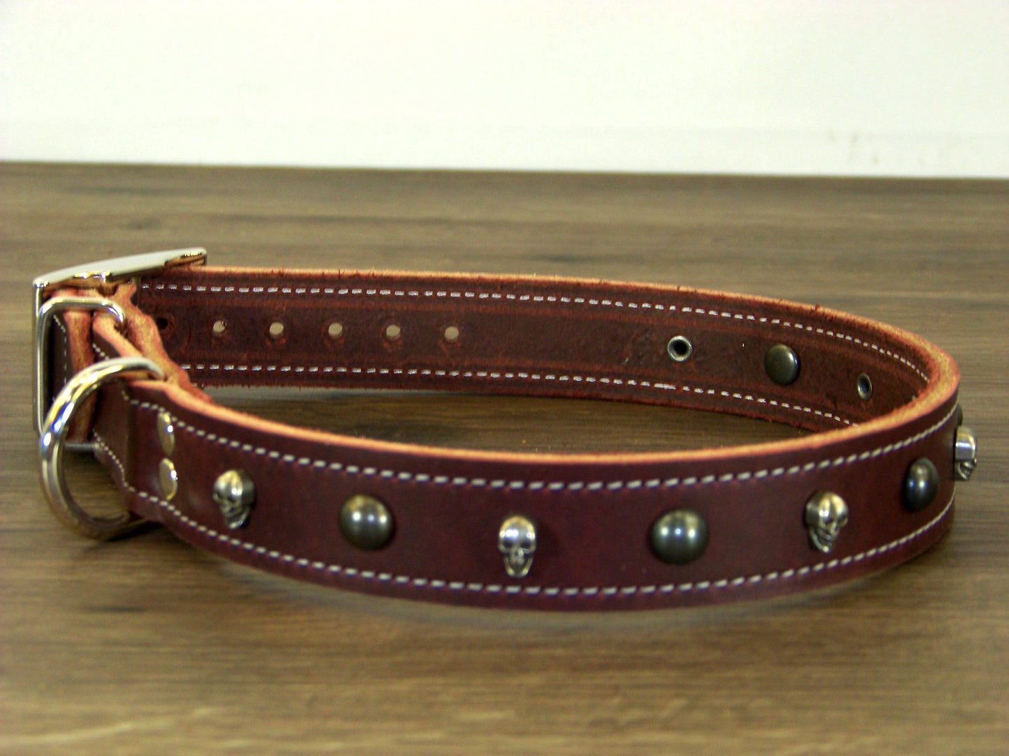 C)   1" Wide Leather Dog Collar - The Dark Angel II - Featuring Skull Concho with Black Dome Conchos