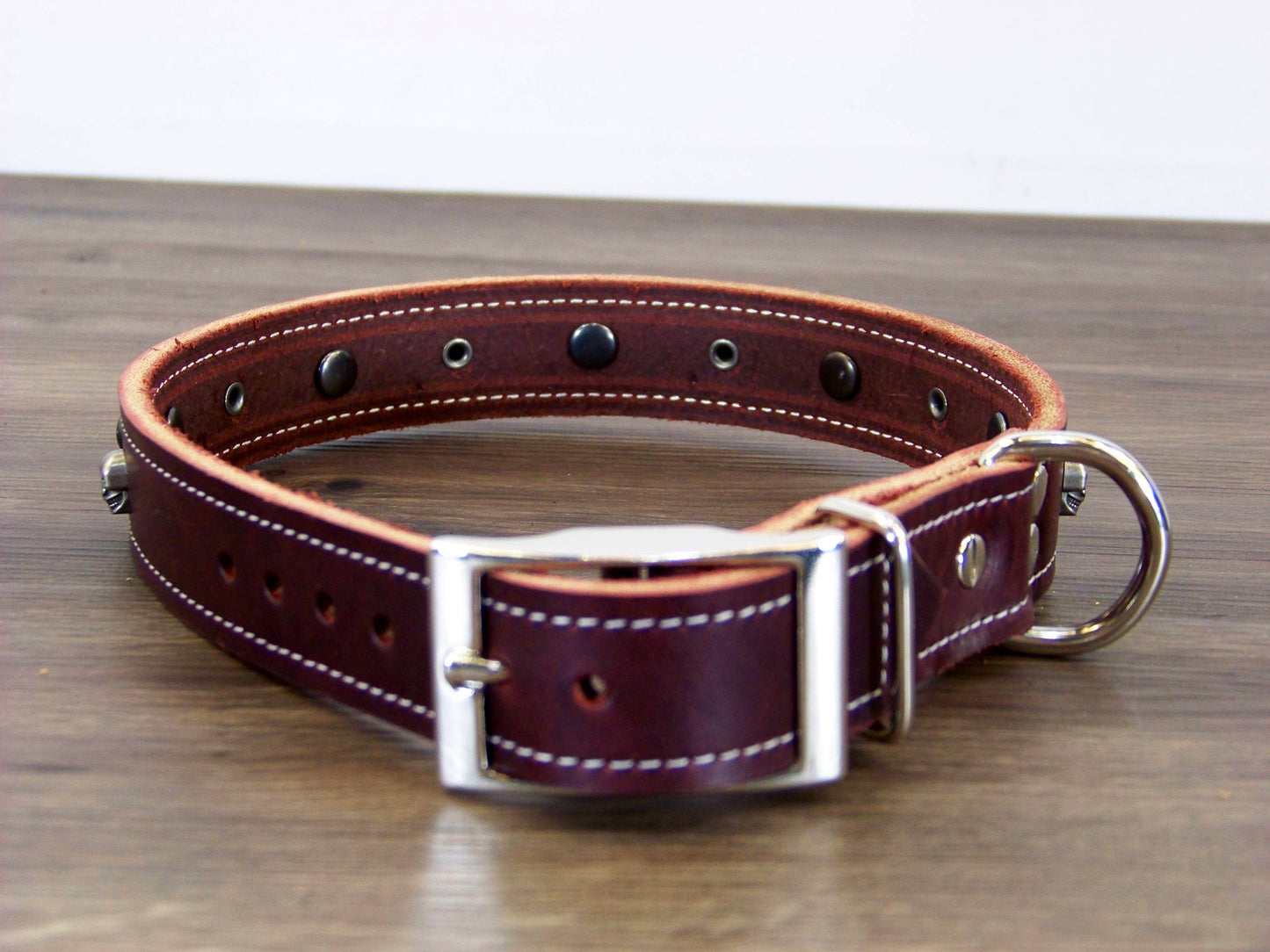 C)   1" Wide Leather Dog Collar - The Dark Angel II - Featuring Skull Concho with Black Dome Conchos