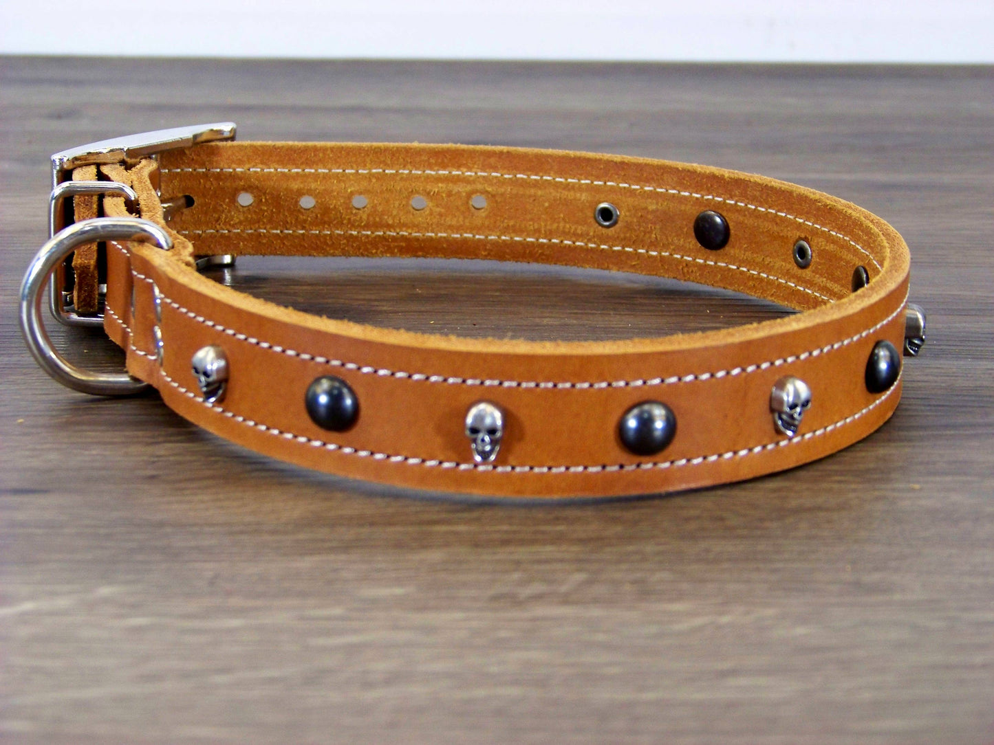 C)   1" Wide Leather Dog Collar - The Dark Angel II - Featuring Skull Concho with Black Dome Conchos