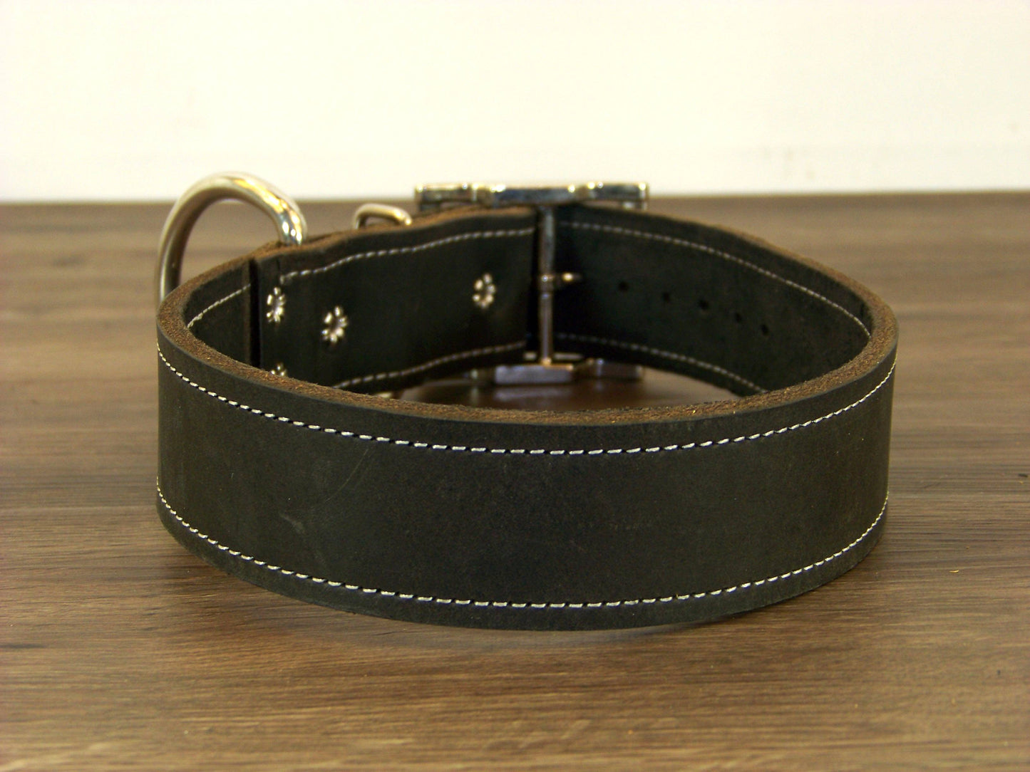 D)   1-1/2" Wide Leather Dog Collar - The Big Regie II - Premium Latigo Leather in Heavy Duty for Large Dogs
