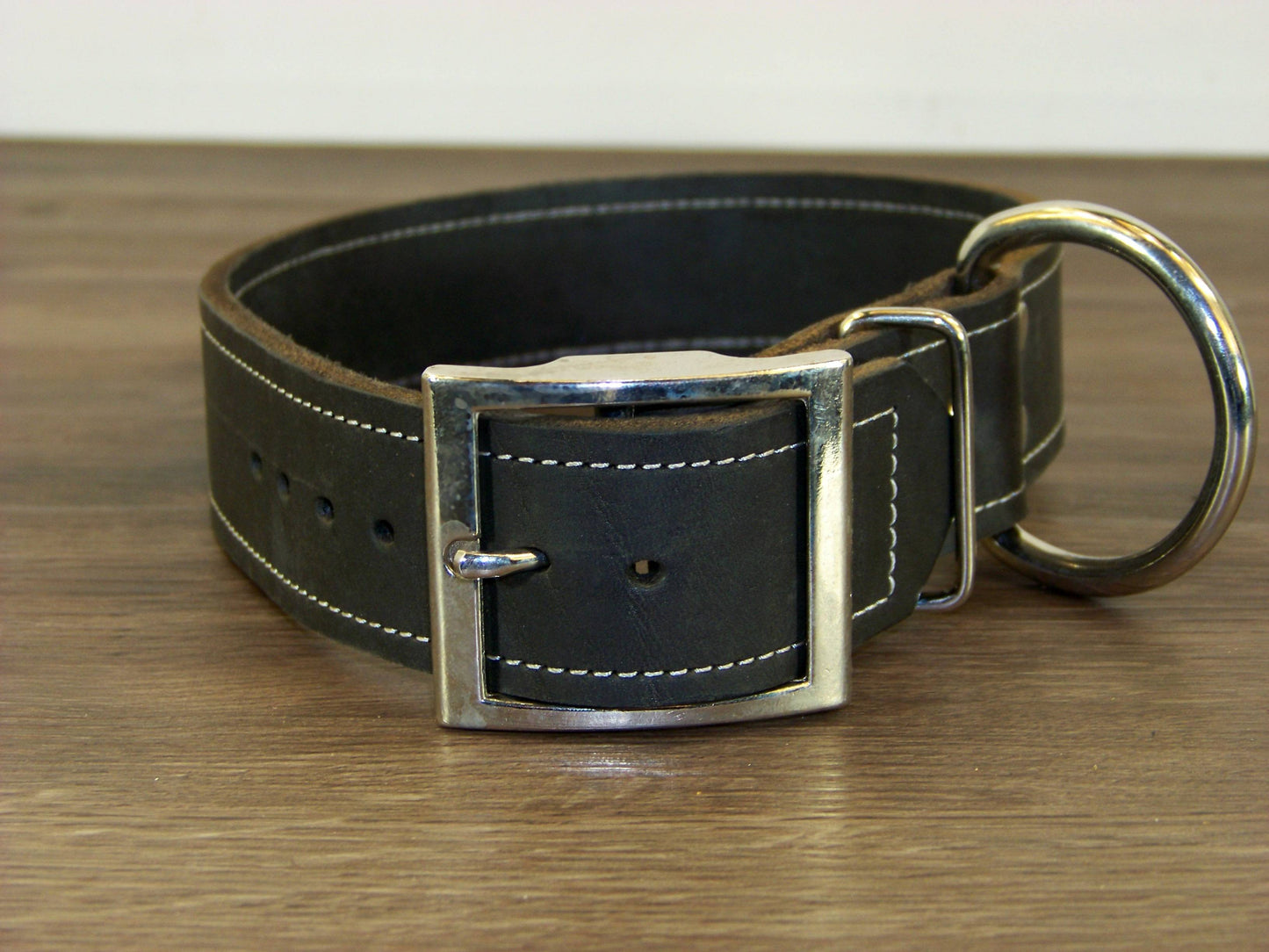 D)   1-1/2" Wide Leather Dog Collar - The Big Regie II - Premium Latigo Leather in Heavy Duty for Large Dogs