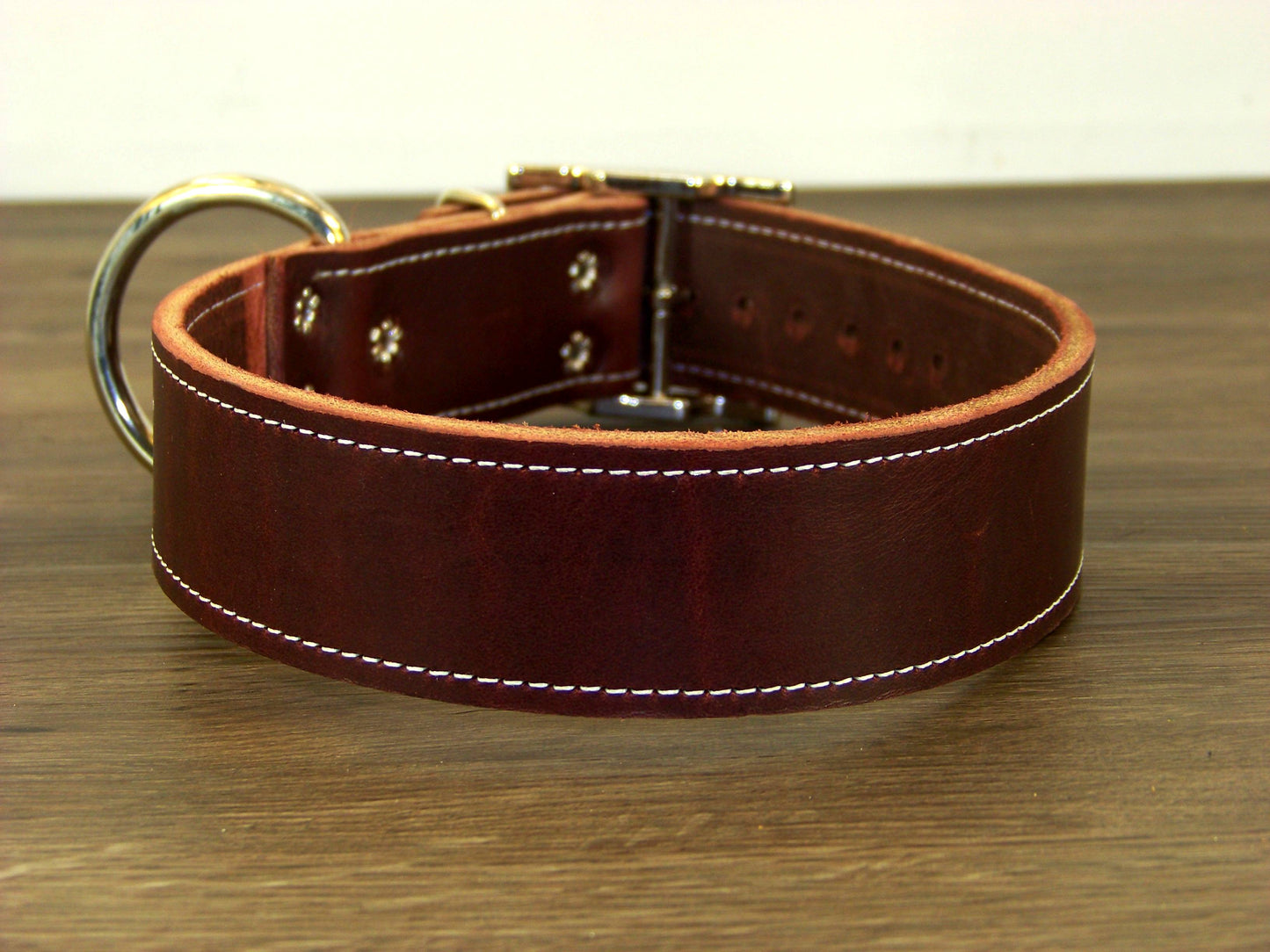 D)   1-1/2" Wide Leather Dog Collar - The Big Regie II - Premium Latigo Leather in Heavy Duty for Large Dogs
