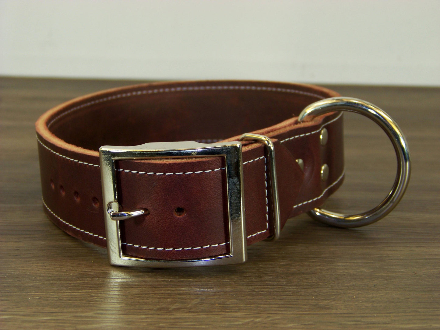 D)   1-1/2" Wide Leather Dog Collar - The Big Regie II - Premium Latigo Leather in Heavy Duty for Large Dogs