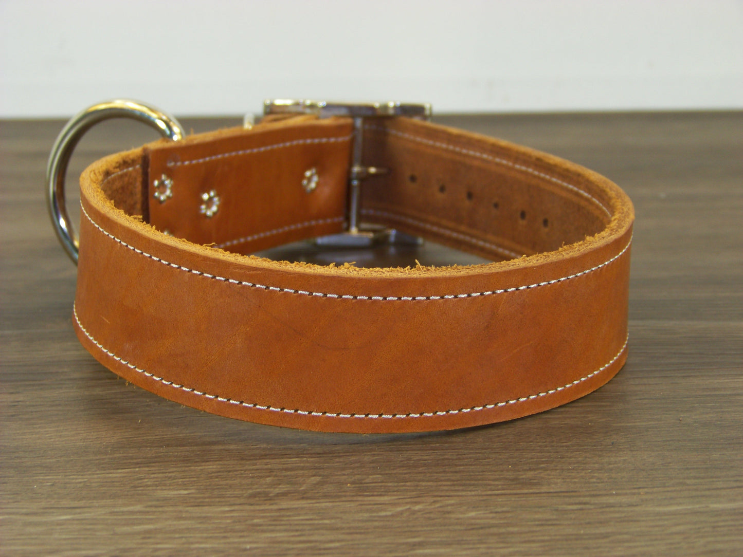 D)   1-1/2" Wide Leather Dog Collar - The Big Regie II - Premium Latigo Leather in Heavy Duty for Large Dogs