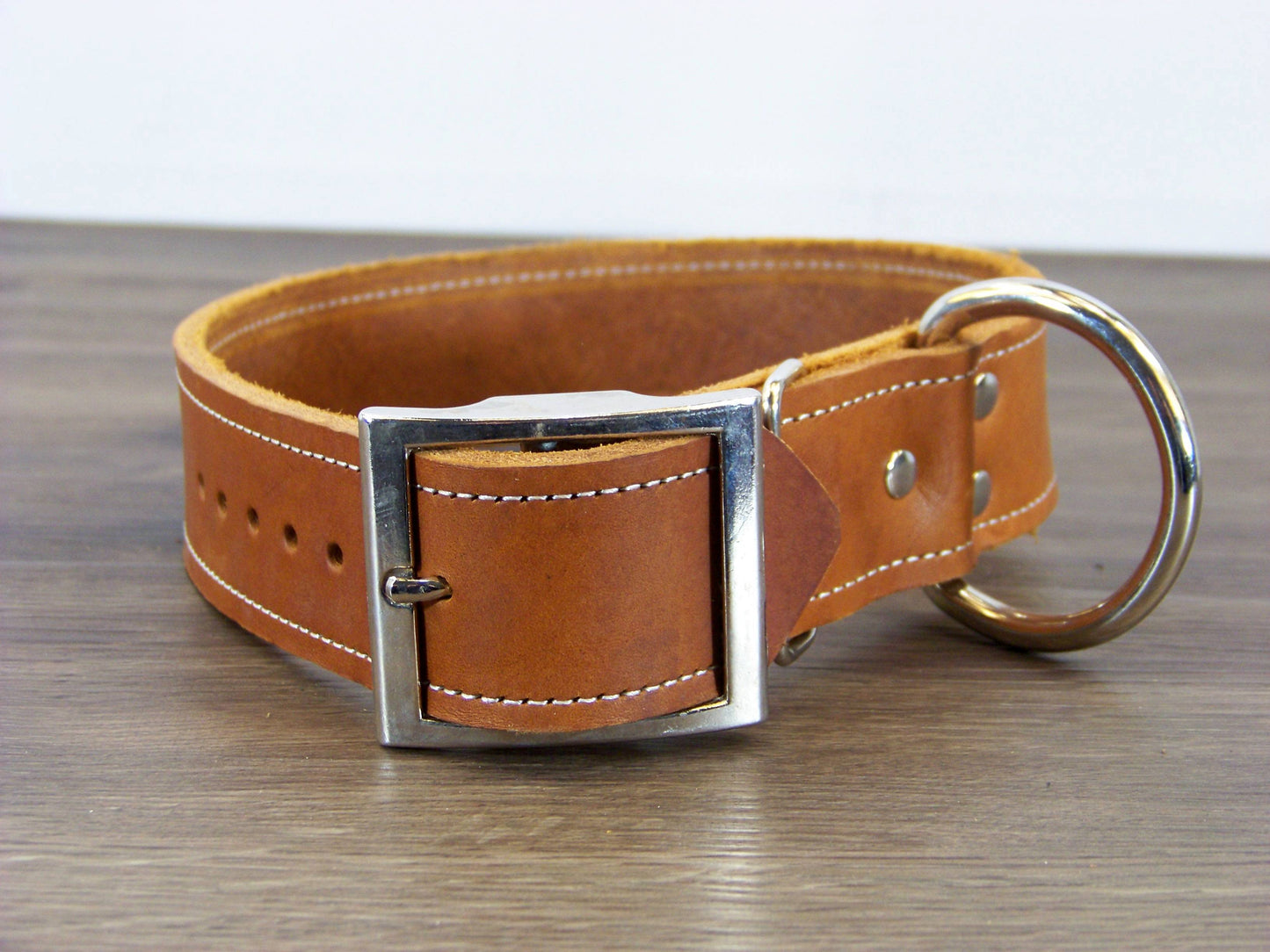 D)   1-1/2" Wide Leather Dog Collar - The Big Regie II - Premium Latigo Leather in Heavy Duty for Large Dogs