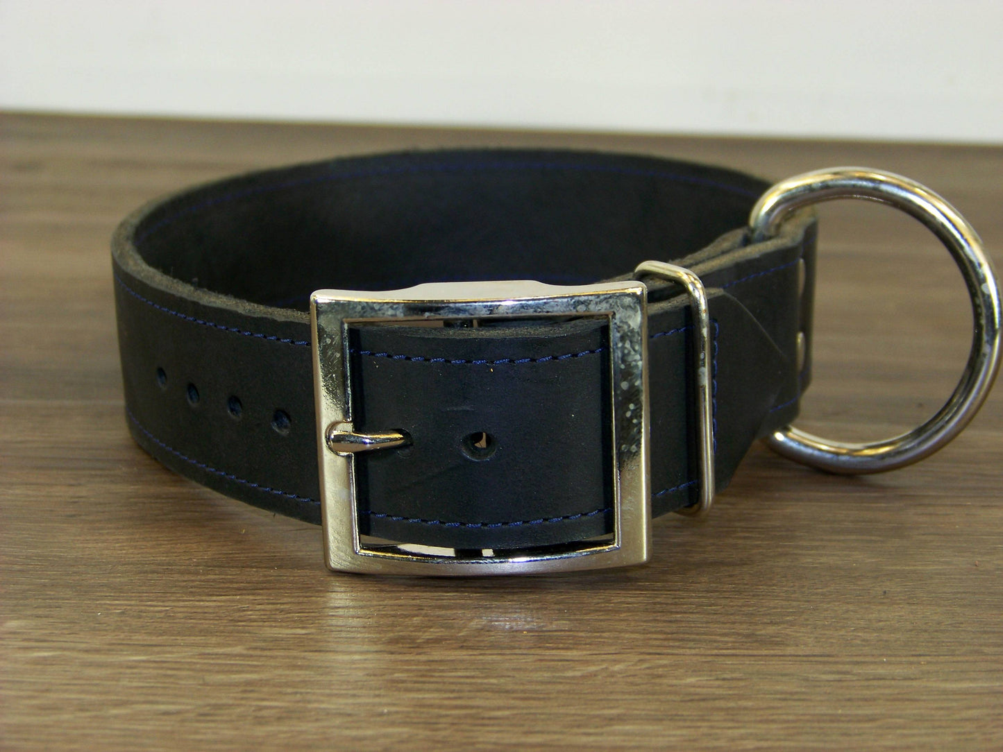 D)   1-1/2" Wide Leather Dog Collar - The Big Regie II - Premium Latigo Leather in Heavy Duty for Large Dogs