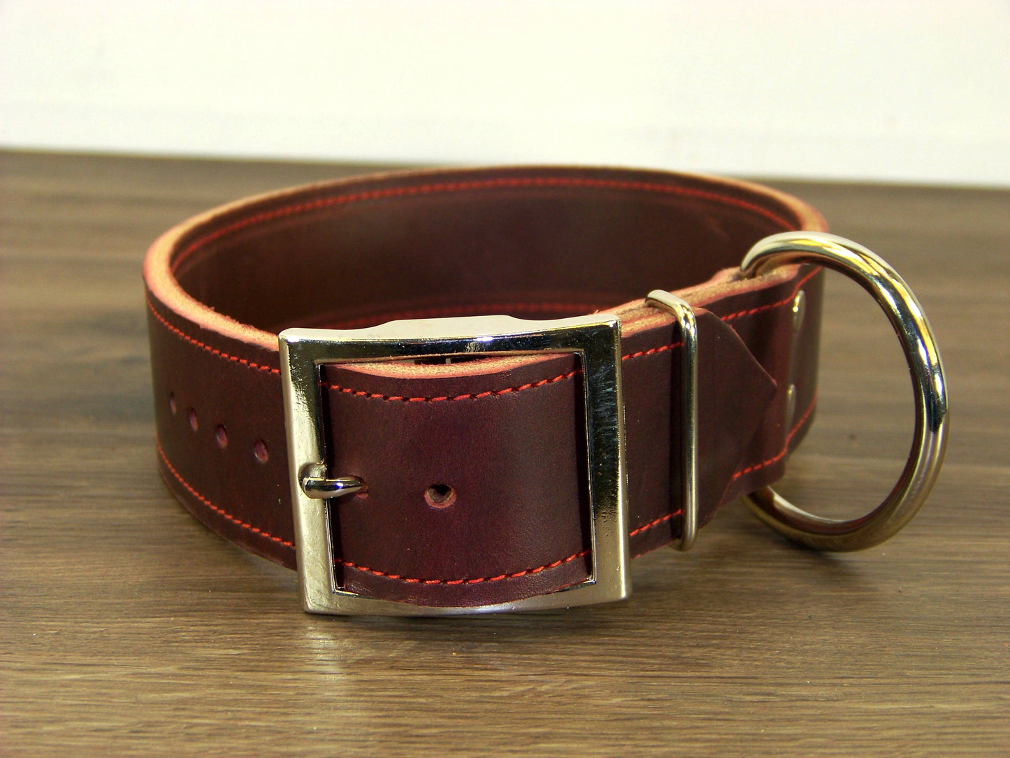 D)   1-1/2" Wide Leather Dog Collar - The Big Regie II - Premium Latigo Leather in Heavy Duty for Large Dogs