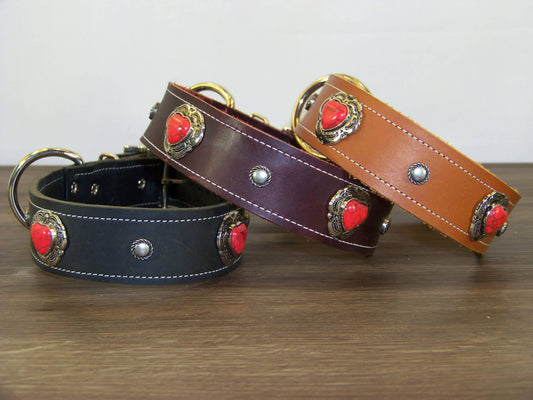 D)   1-1/2" Wide Leather Dog Collar - ON SALE - The Southern Heart - Red Turquoise Heart Conchos  w/ Accent Rivets