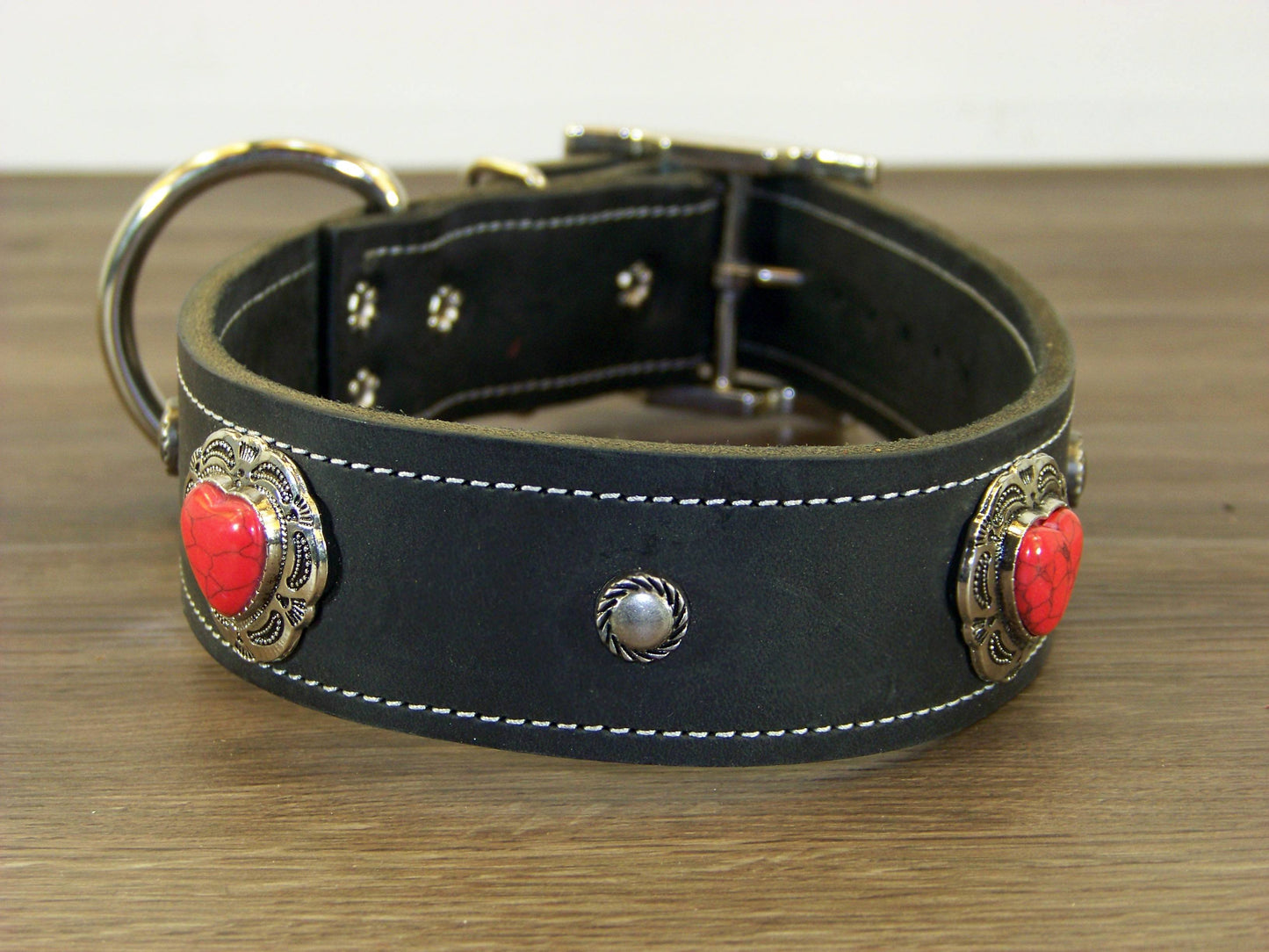D)   1-1/2" Wide Leather Dog Collar - ON SALE - The Southern Heart - Red Turquoise Heart Conchos  w/ Accent Rivets