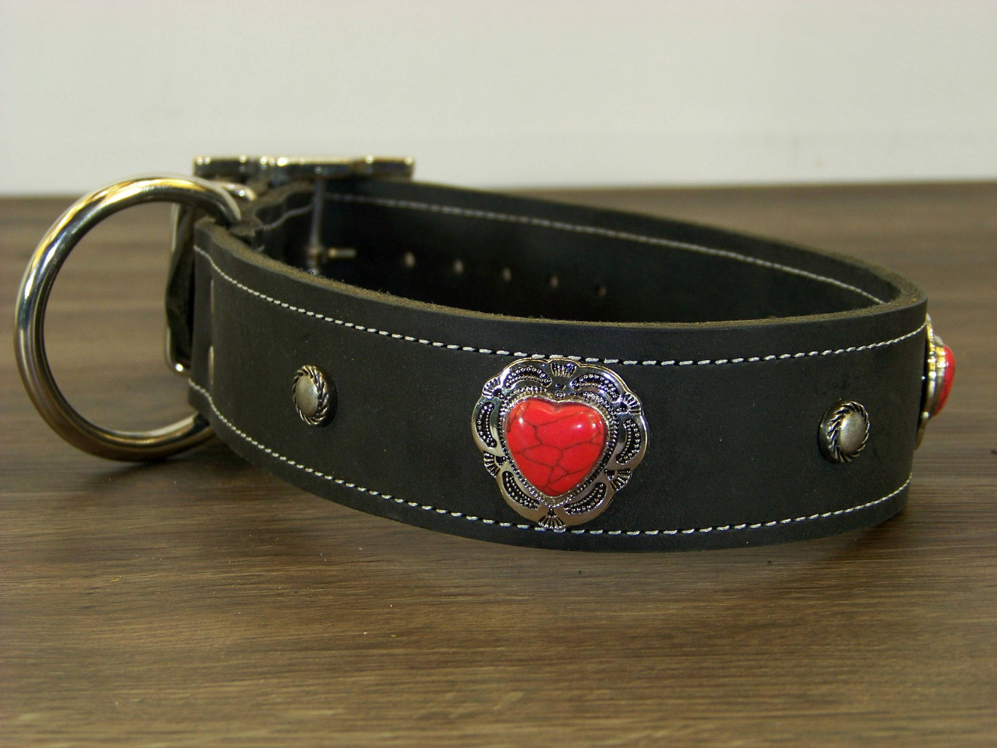 D)   1-1/2" Wide Leather Dog Collar - ON SALE - The Southern Heart - Red Turquoise Heart Conchos  w/ Accent Rivets