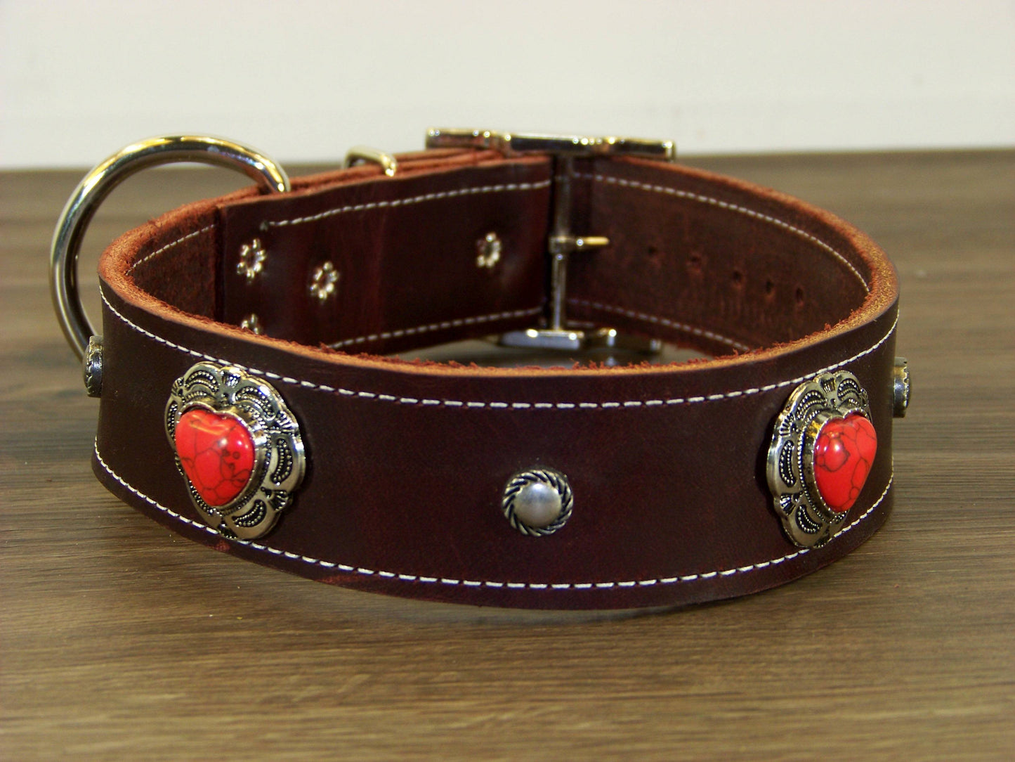 D)   1-1/2" Wide Leather Dog Collar - ON SALE - The Southern Heart - Red Turquoise Heart Conchos  w/ Accent Rivets