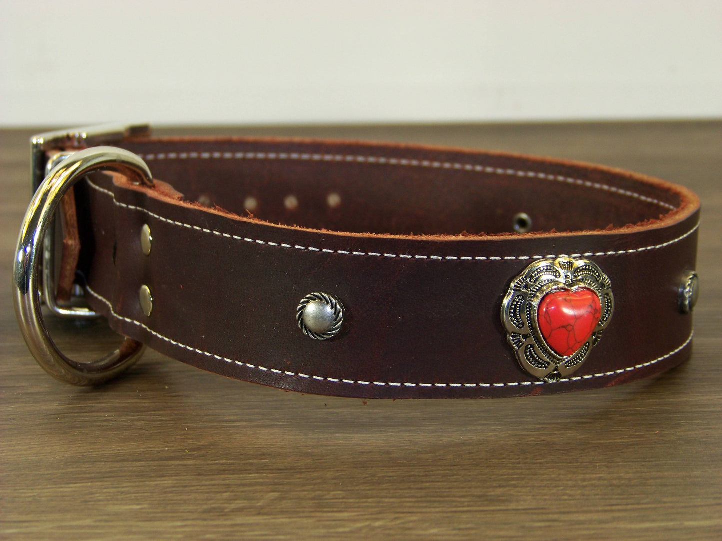 D)   1-1/2" Wide Leather Dog Collar - ON SALE - The Southern Heart - Red Turquoise Heart Conchos  w/ Accent Rivets