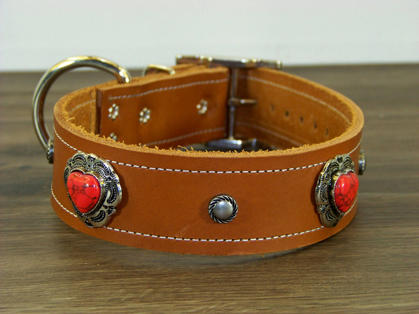 D)   1-1/2" Wide Leather Dog Collar - ON SALE - The Southern Heart - Red Turquoise Heart Conchos  w/ Accent Rivets