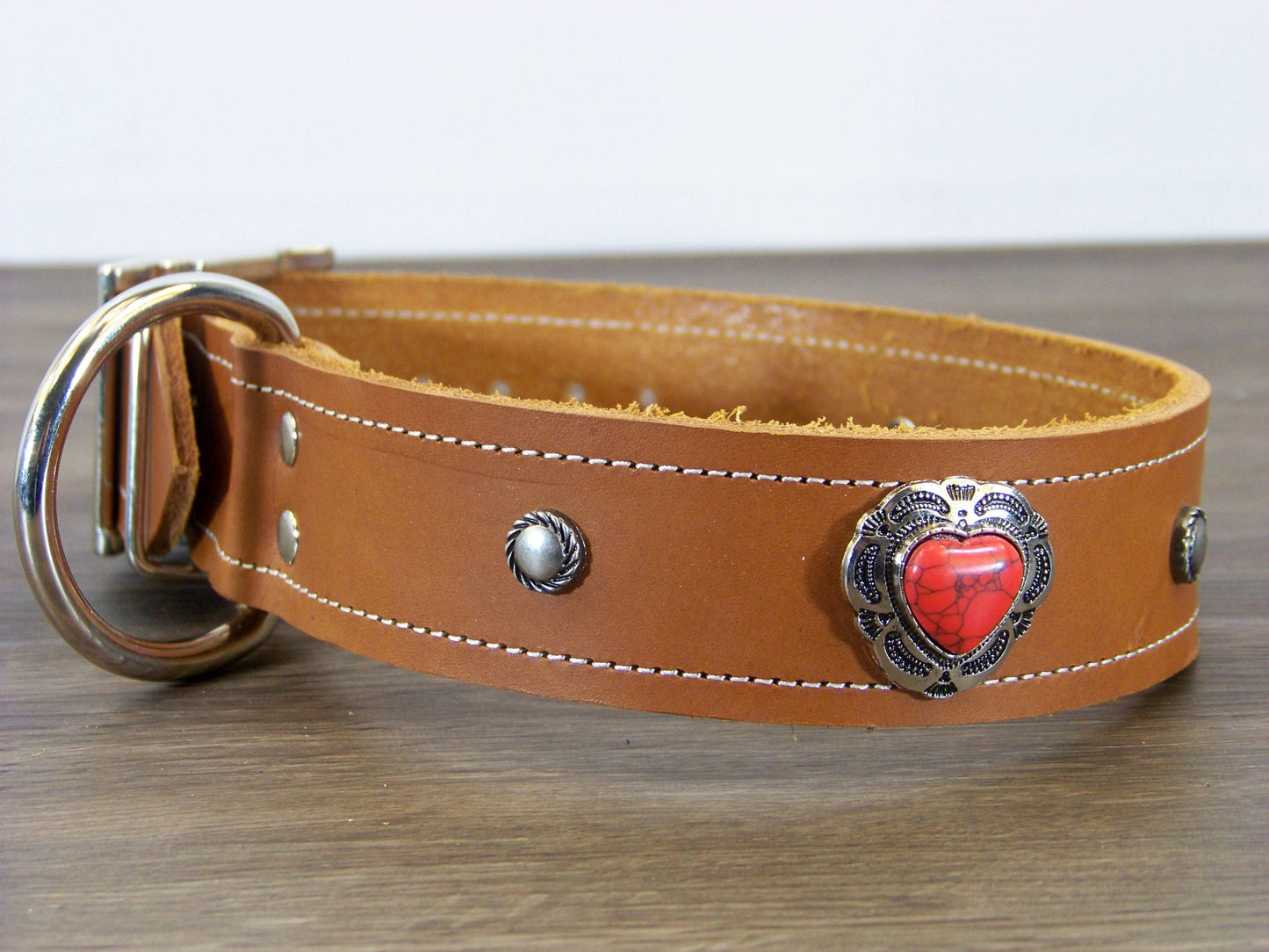 D)   1-1/2" Wide Leather Dog Collar - ON SALE - The Southern Heart - Red Turquoise Heart Conchos  w/ Accent Rivets