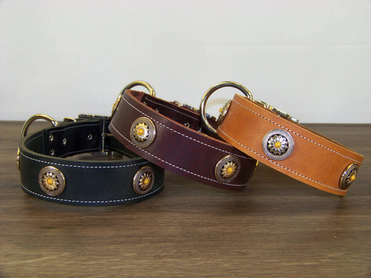 D)   1-1/2" Wide Leather Dog Collar - The Marigold - Featuring A Flower with Yellow Turquoise Concho