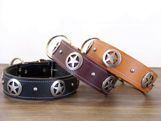 D)   1-1/2" Wide Leather Dog Collar - The Marhsall - Featuring A Star Concho w/ Dome Accent
