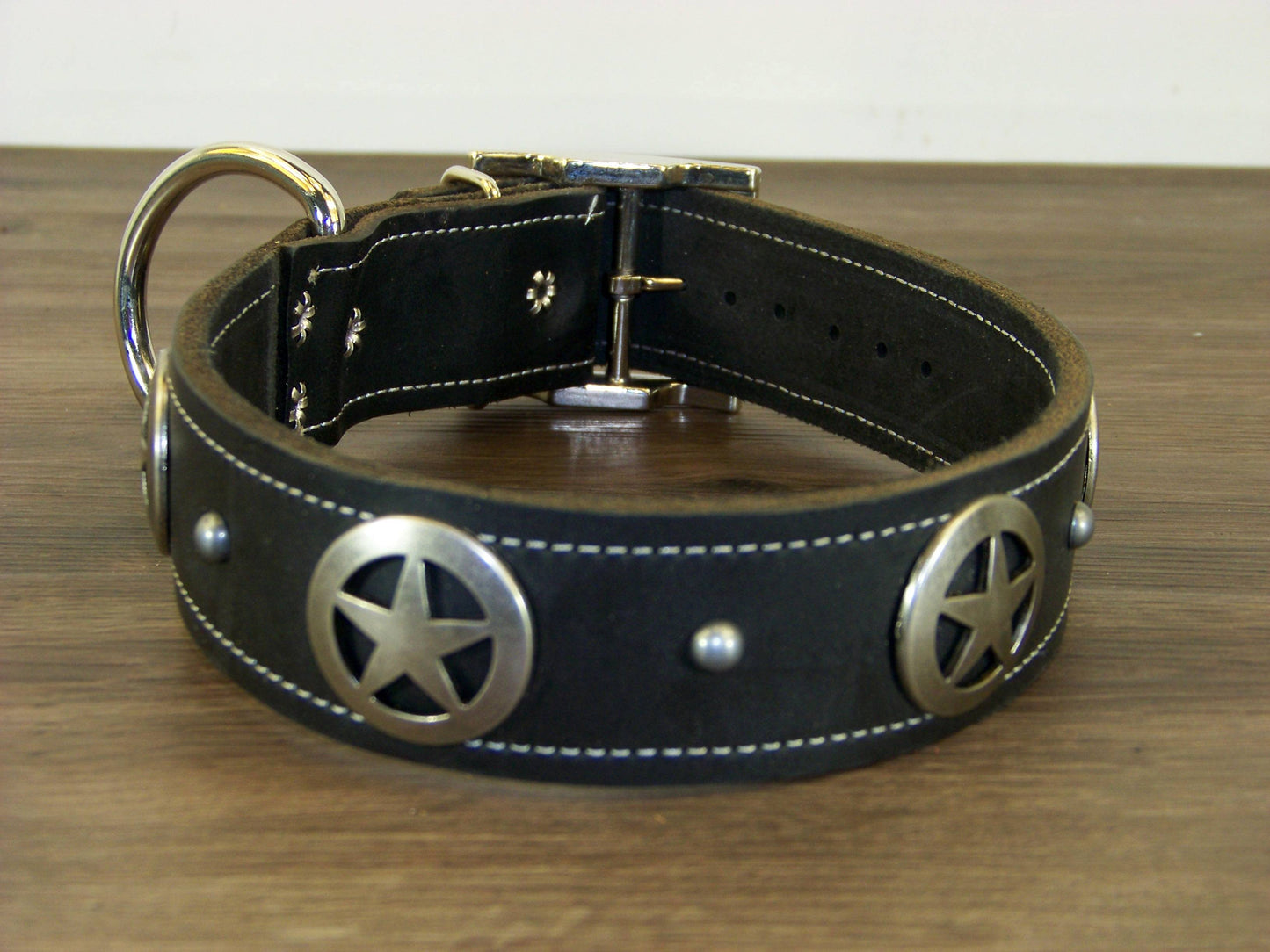 D)   1-1/2" Wide Leather Dog Collar - The Marhsall - Featuring A Star Concho w/ Dome Accent