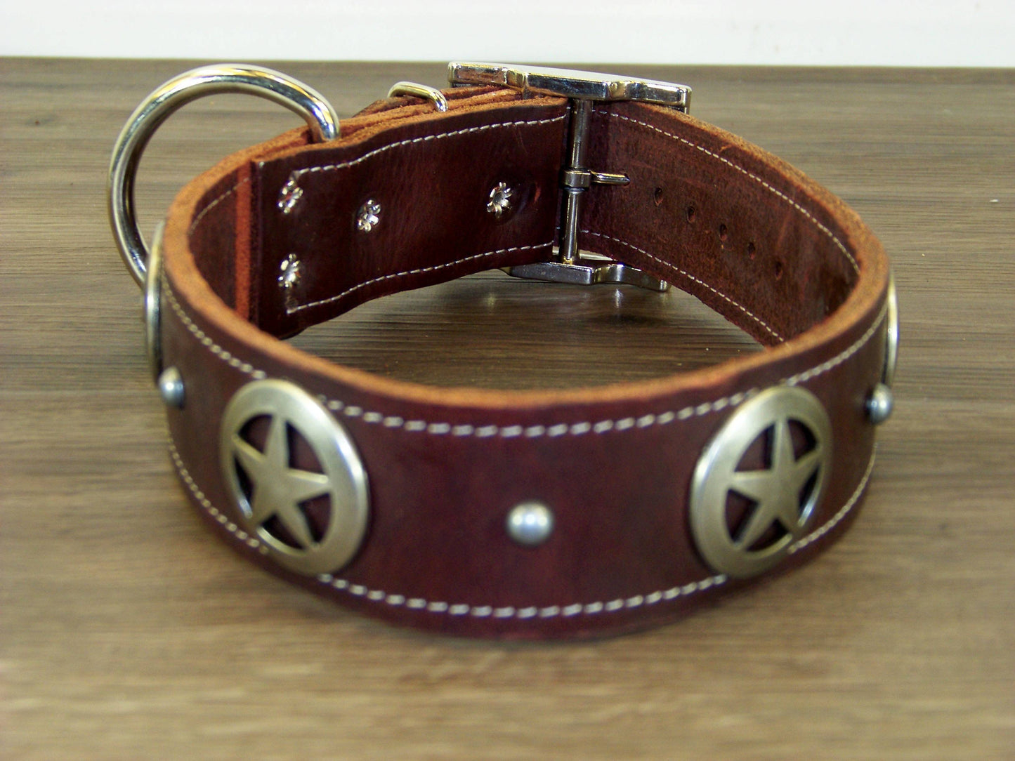D)   1-1/2" Wide Leather Dog Collar - The Marhsall - Featuring A Star Concho w/ Dome Accent