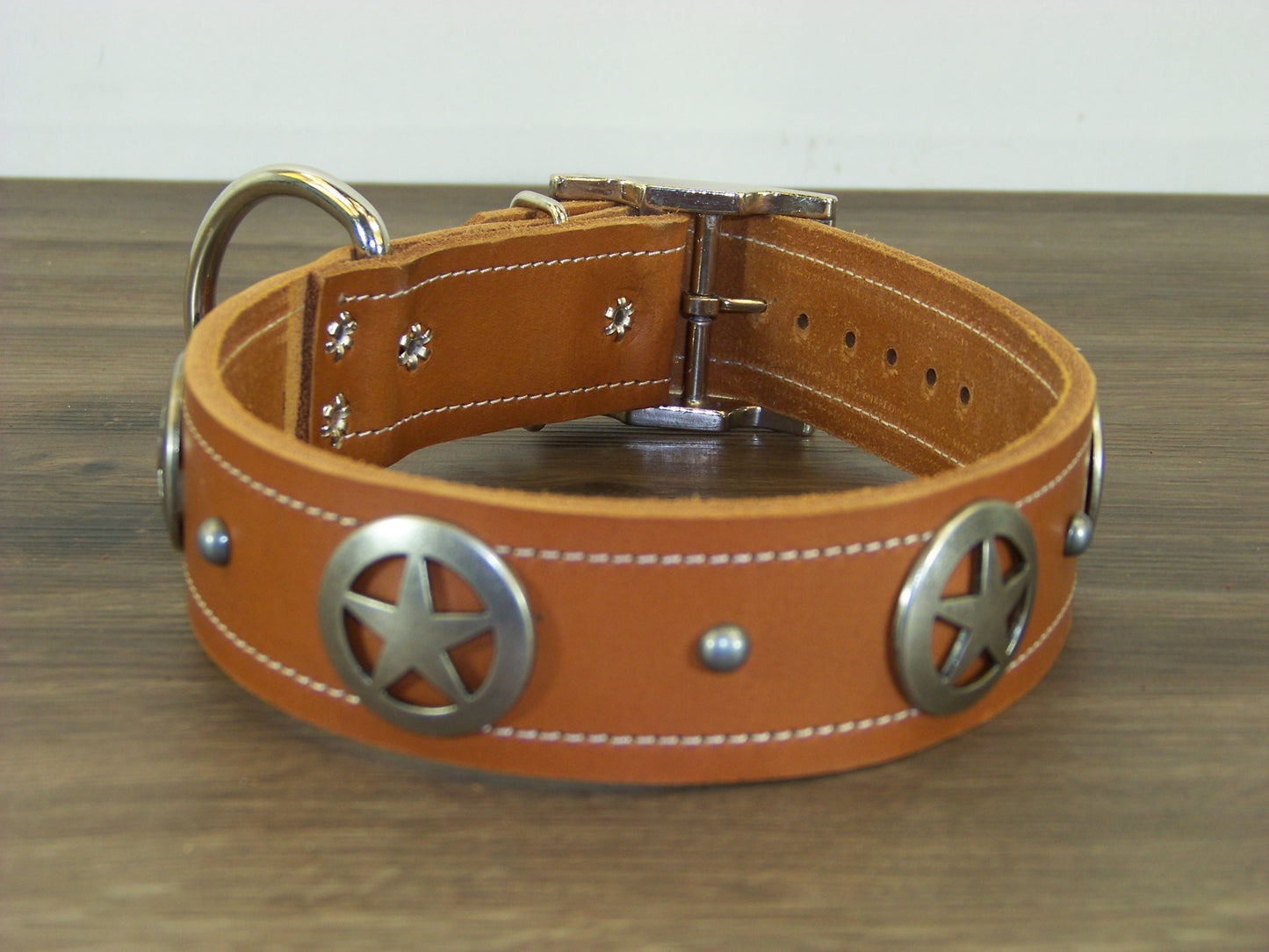 D)   1-1/2" Wide Leather Dog Collar - The Marhsall - Featuring A Star Concho w/ Dome Accent