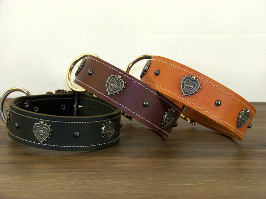 D)   1-1/2" Wide Leather Dog Collar - The Mystic Heart - All-Seeing Eye Heart Concho w/ Dome Rivet