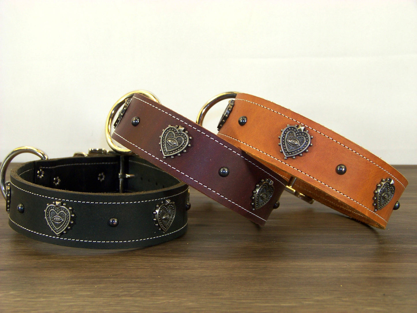D)   1-1/2" Wide Leather Dog Collar - The Mystic Heart - All-Seeing Eye Heart Concho w/ Dome Rivet