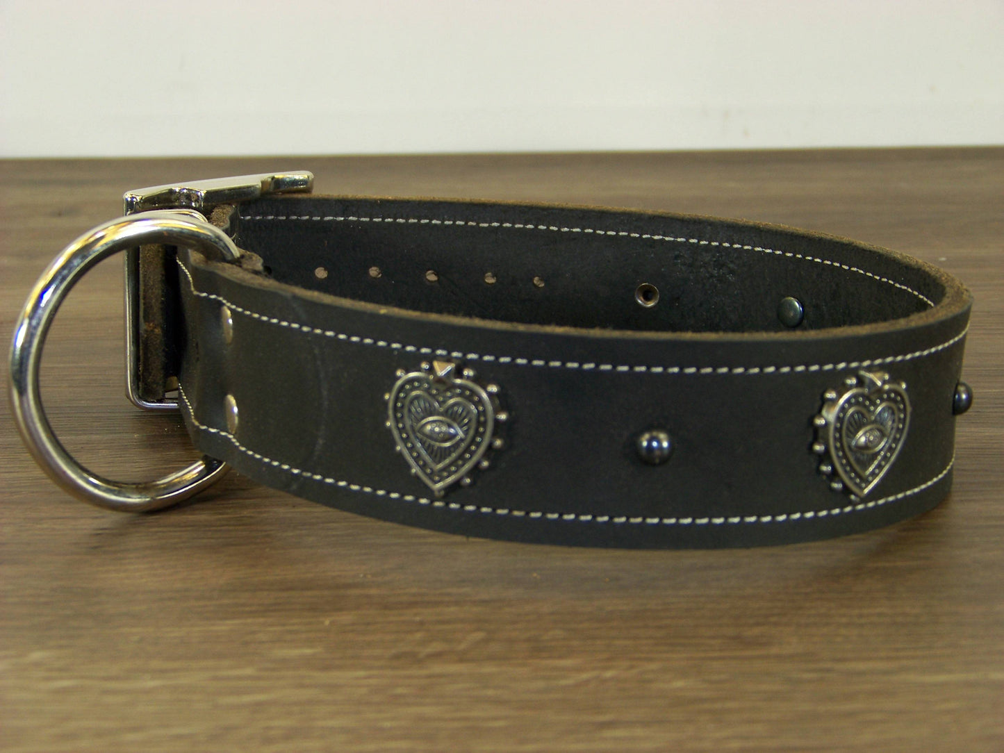 D)   1-1/2" Wide Leather Dog Collar - The Mystic Heart - All-Seeing Eye Heart Concho w/ Dome Rivet