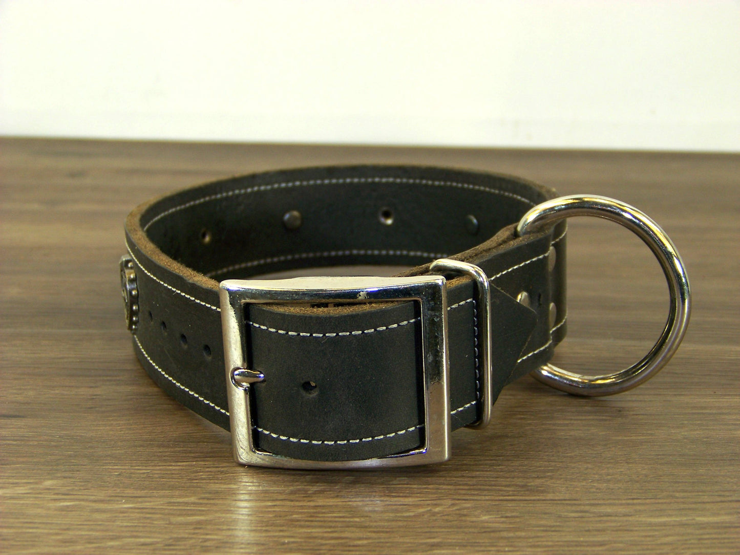 D)   1-1/2" Wide Leather Dog Collar - The Mystic Heart - All-Seeing Eye Heart Concho w/ Dome Rivet