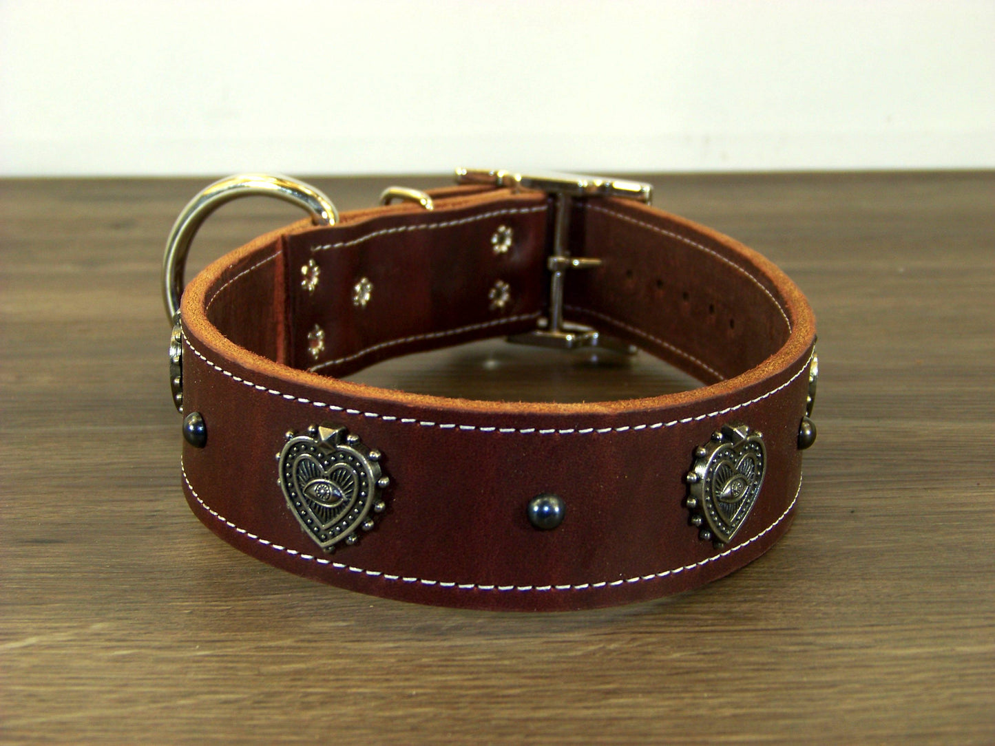 D)   1-1/2" Wide Leather Dog Collar - The Mystic Heart - All-Seeing Eye Heart Concho w/ Dome Rivet