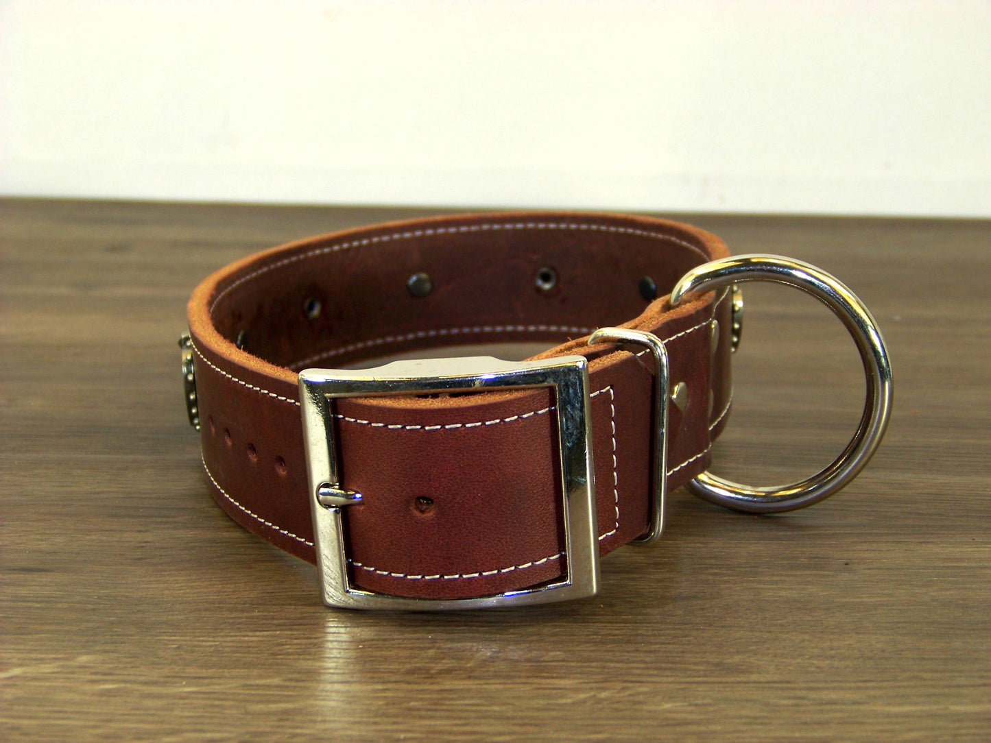 D)   1-1/2" Wide Leather Dog Collar - The Mystic Heart - All-Seeing Eye Heart Concho w/ Dome Rivet
