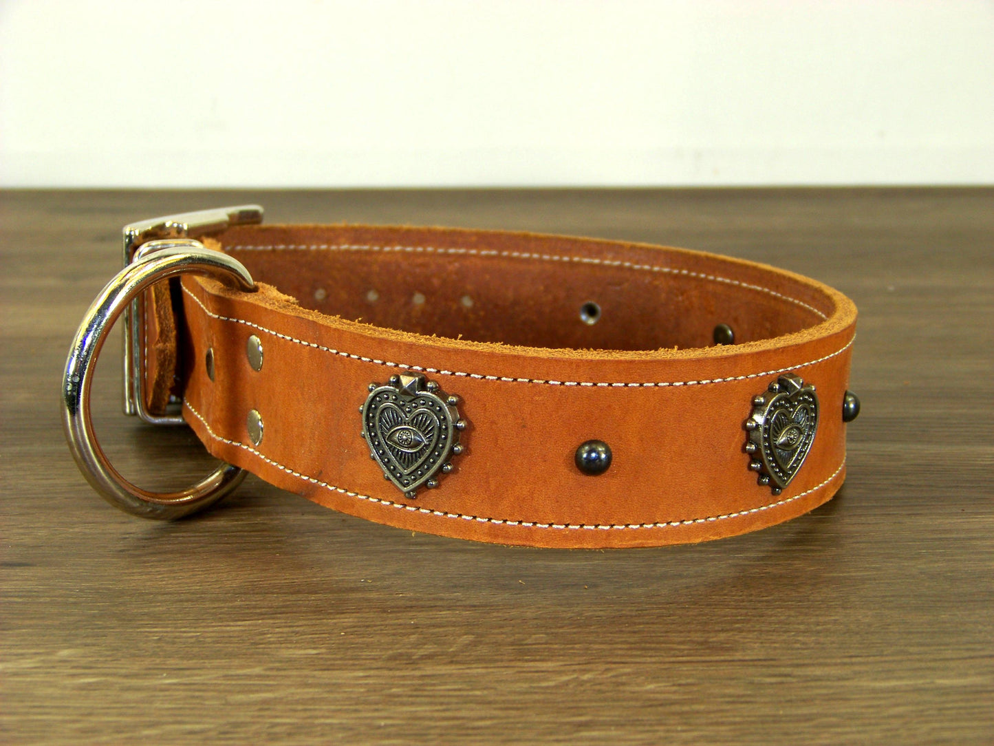 D)   1-1/2" Wide Leather Dog Collar - The Mystic Heart - All-Seeing Eye Heart Concho w/ Dome Rivet