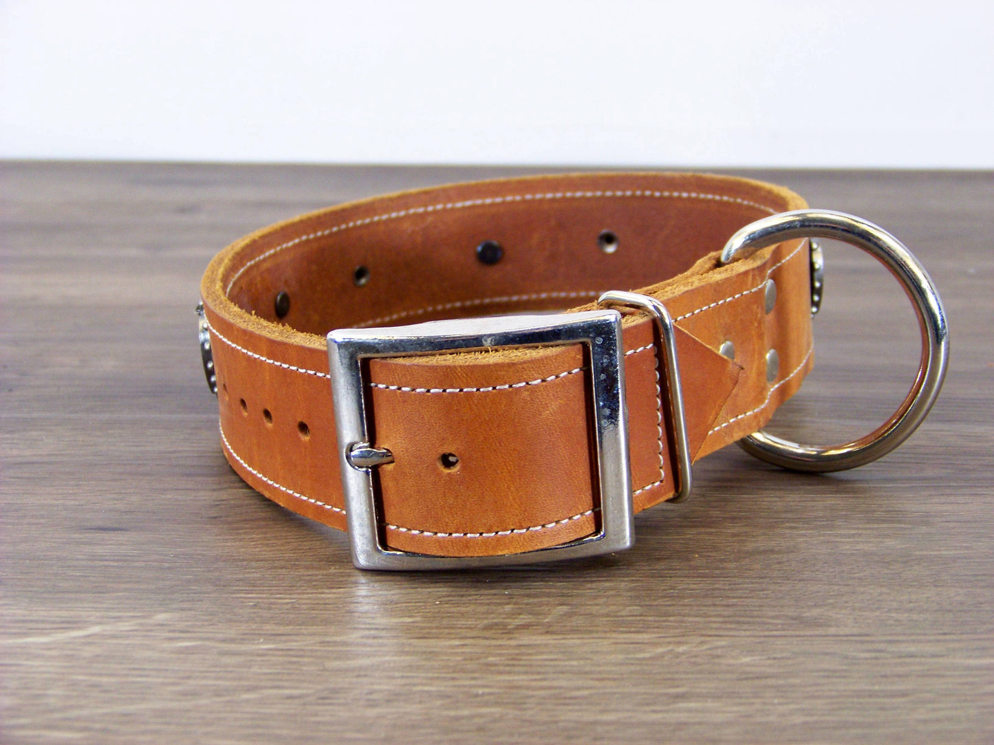 D)   1-1/2" Wide Leather Dog Collar - The Mystic Heart - All-Seeing Eye Heart Concho w/ Dome Rivet