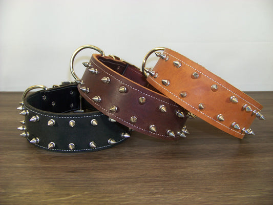 E)   2" Wide Leather Dog Collar - The Spyke-O-Maniac - Double Row 1/2" Stainless Spikes