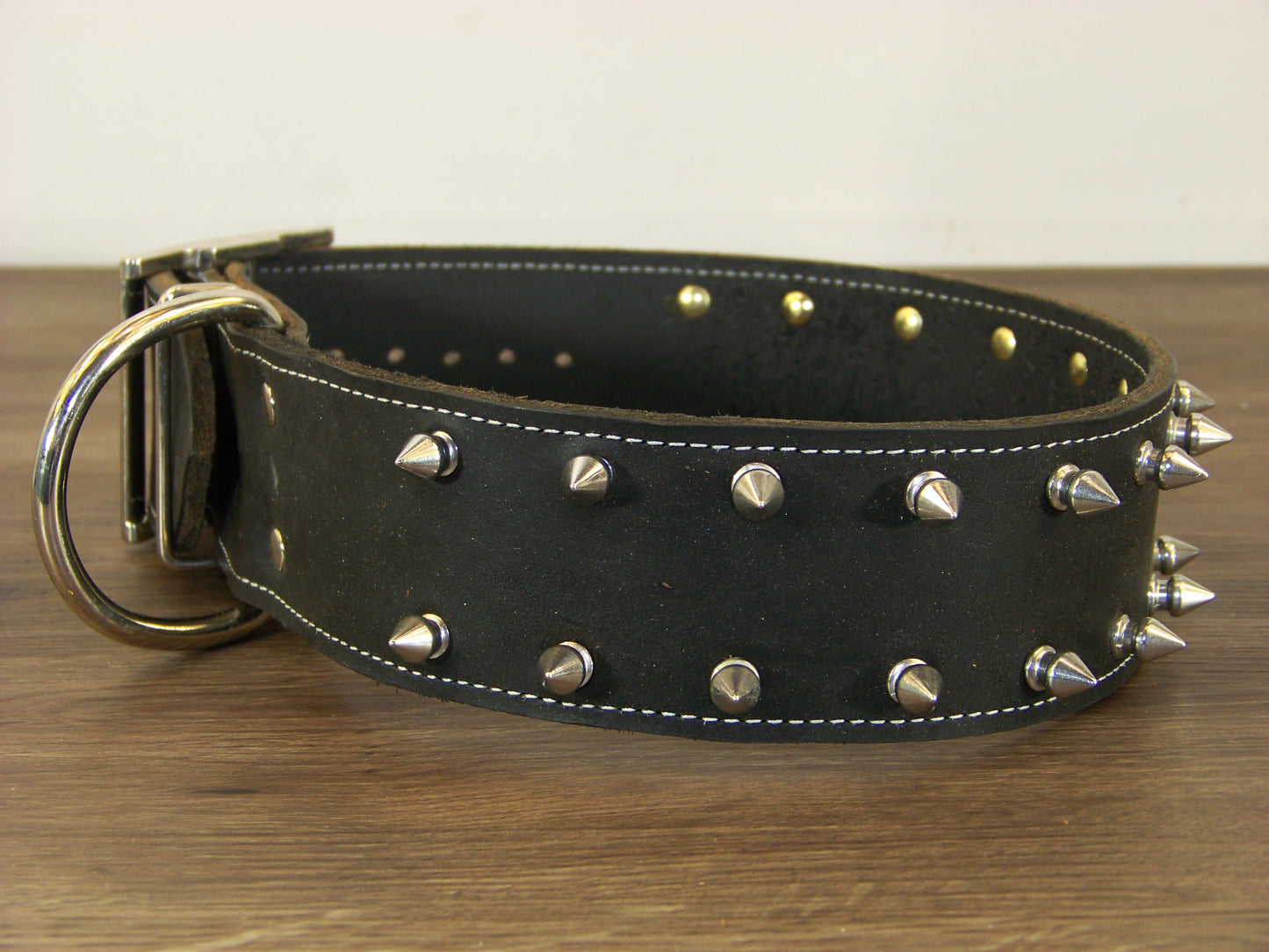 E)   2" Wide Leather Dog Collar - The Spyke-O-Maniac - Double Row 1/2" Stainless Spikes