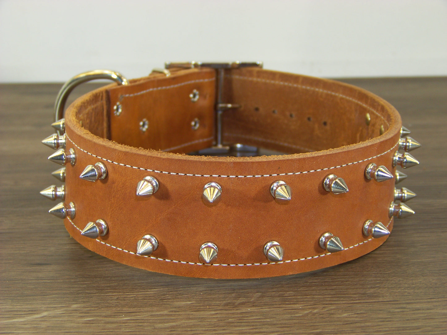 E)   2" Wide Leather Dog Collar - The Spyke-O-Maniac - Double Row 1/2" Stainless Spikes