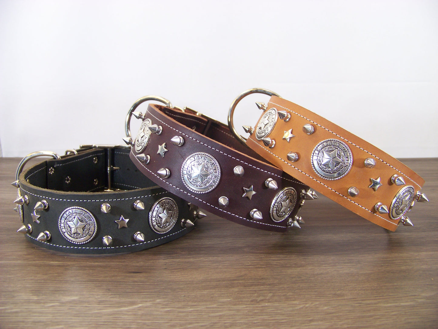 E)   2" Wide Leather Dog Collar- The Texas Ranger - 1/2" Stainless Spikes W/ State Seal of Texas Concho