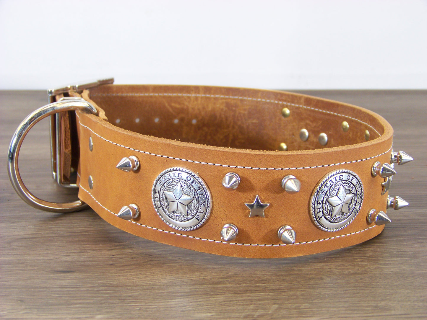 E)   2" Wide Leather Dog Collar- The Texas Ranger - 1/2" Stainless Spikes W/ State Seal of Texas Concho