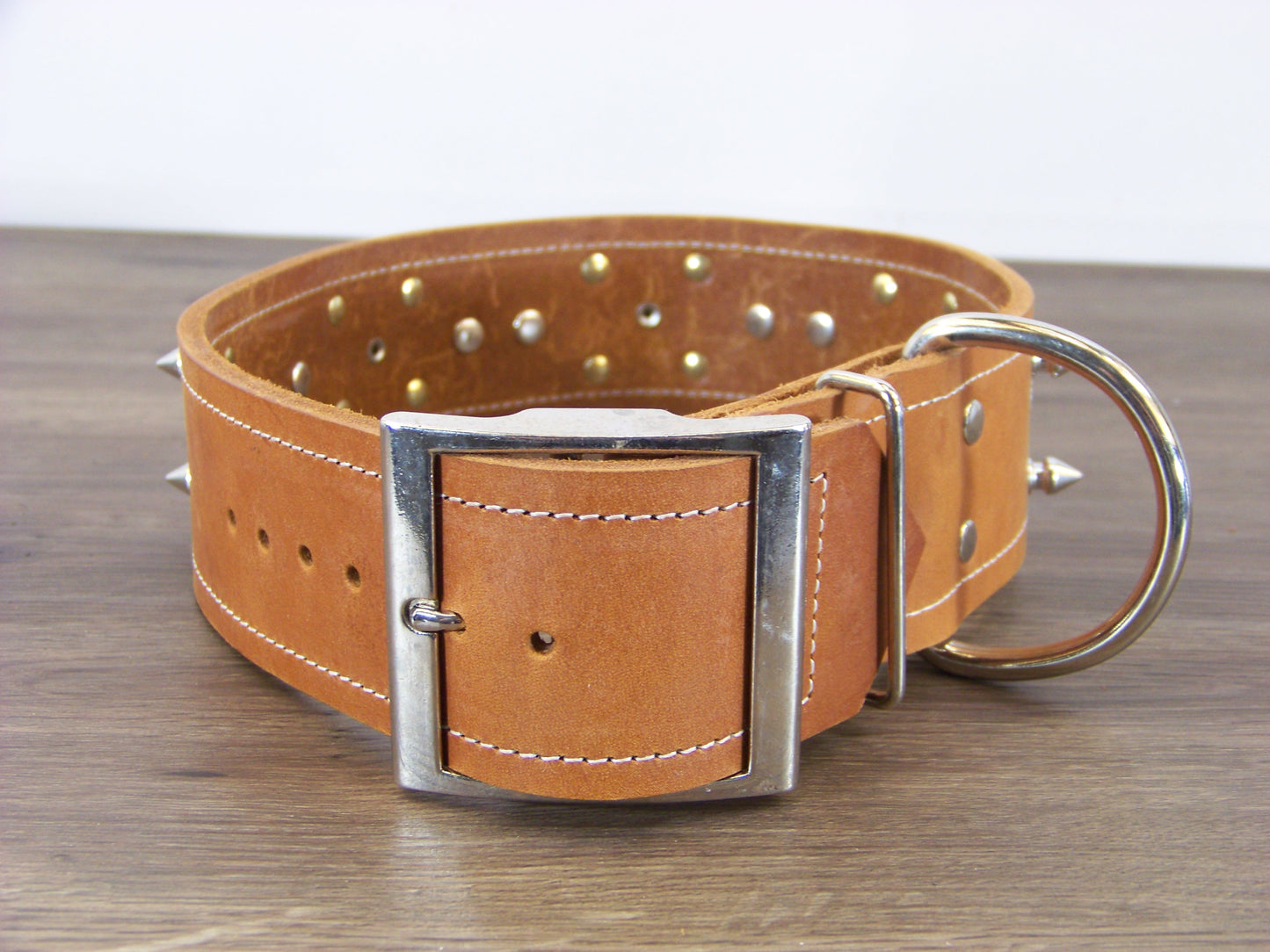 E)   2" Wide Leather Dog Collar- The Texas Ranger - 1/2" Stainless Spikes W/ State Seal of Texas Concho