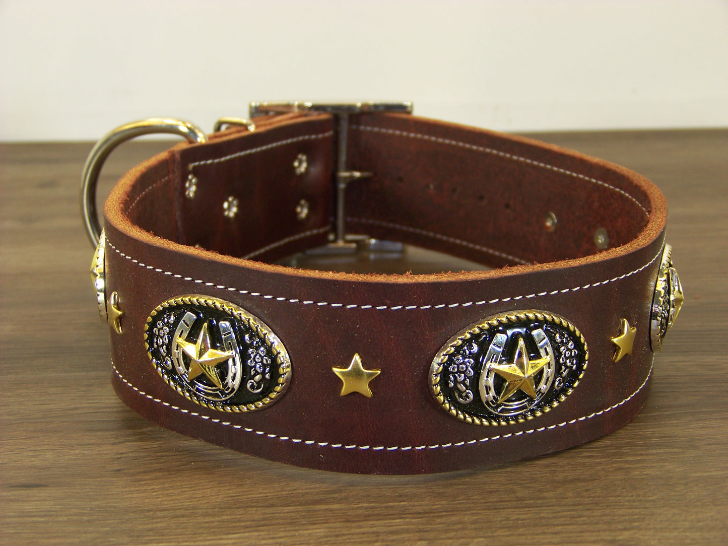 E)   2" Wide Leather Dog Collar- The Lucky Star - Western Horseshoe Medalian Accented with a Gold Stars