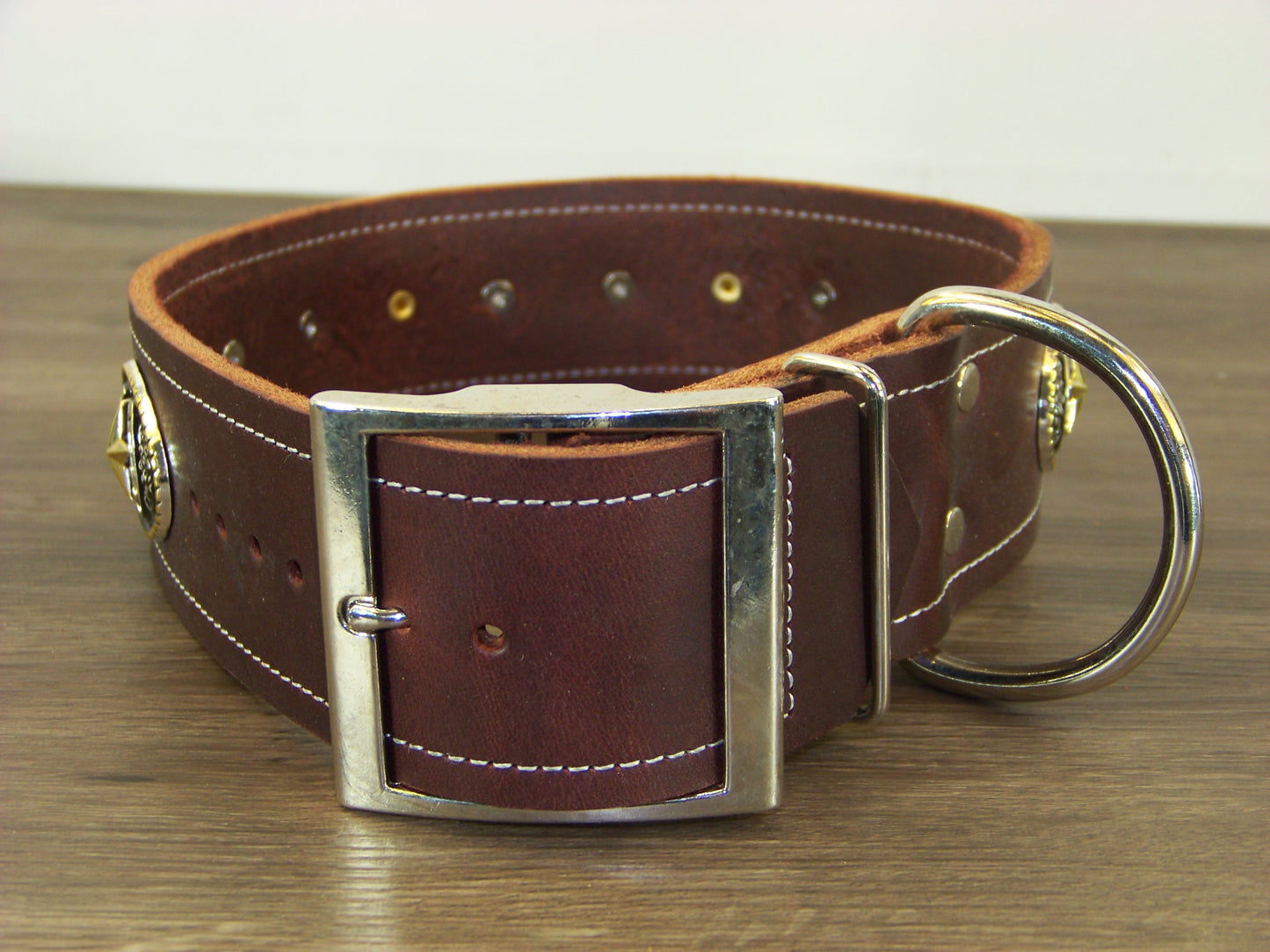 E)   2" Wide Leather Dog Collar- The Lucky Star - Western Horseshoe Medalian Accented with a Gold Stars