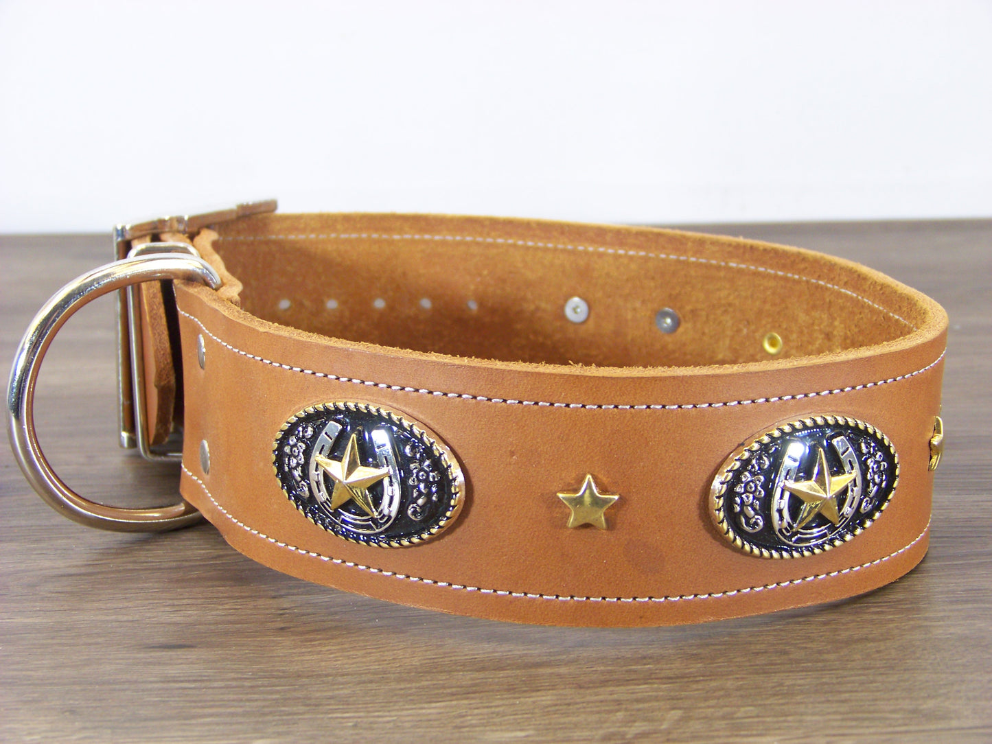 E)   2" Wide Leather Dog Collar- The Lucky Star - Western Horseshoe Medalian Accented with a Gold Stars