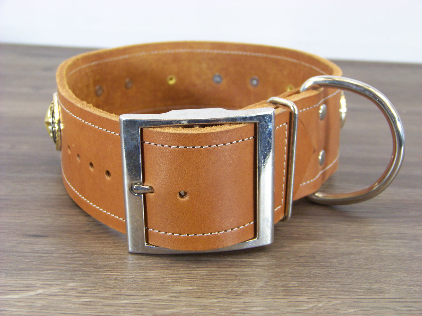 E)   2" Wide Leather Dog Collar- The Lucky Star - Western Horseshoe Medalian Accented with a Gold Stars